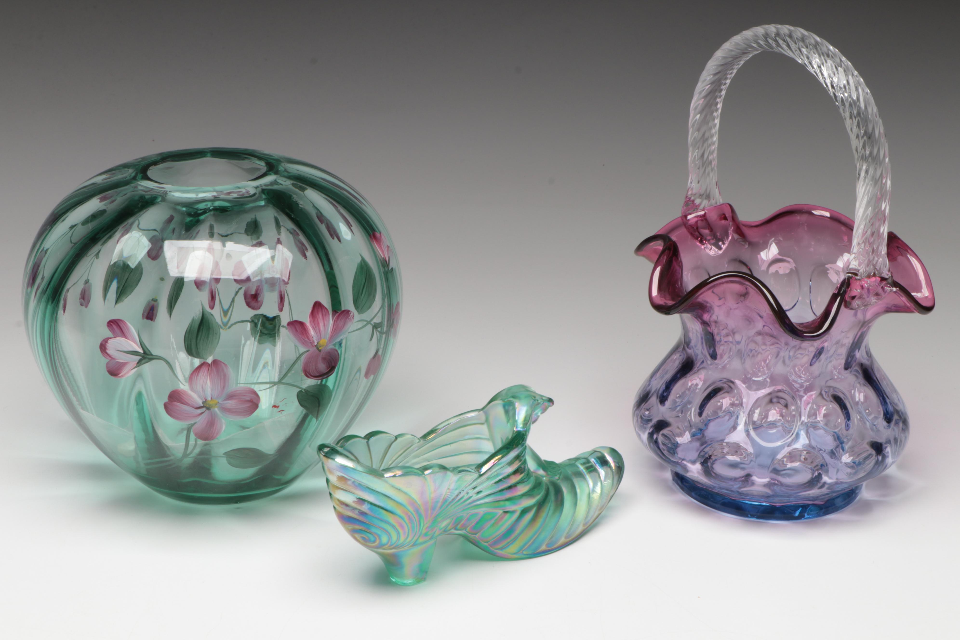 Fenton Hand-Painted Glass Floral Vase with Basket and Shoe Figurine