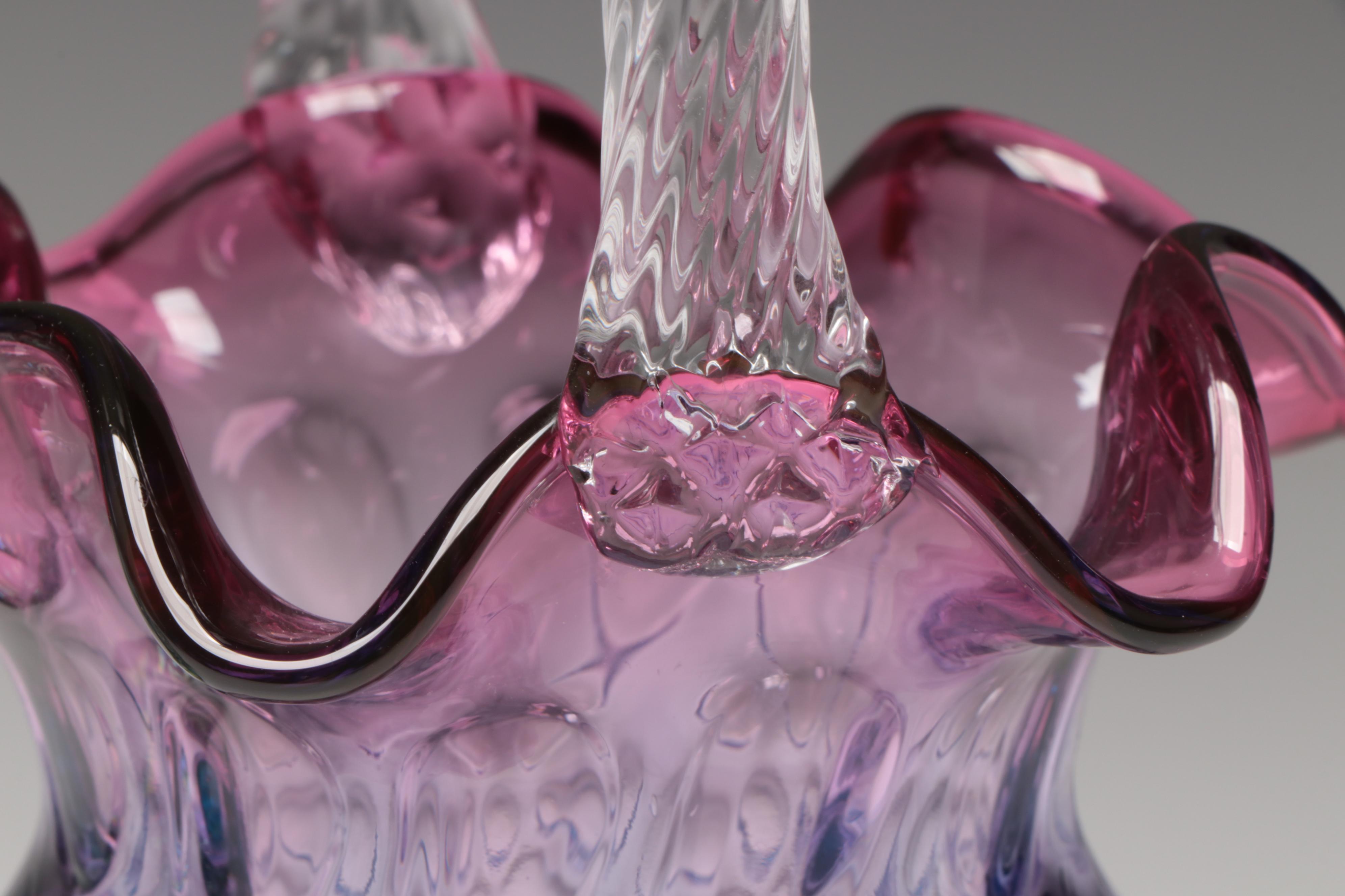 Fenton Hand-Painted Glass Floral Vase with Basket and Shoe Figurine