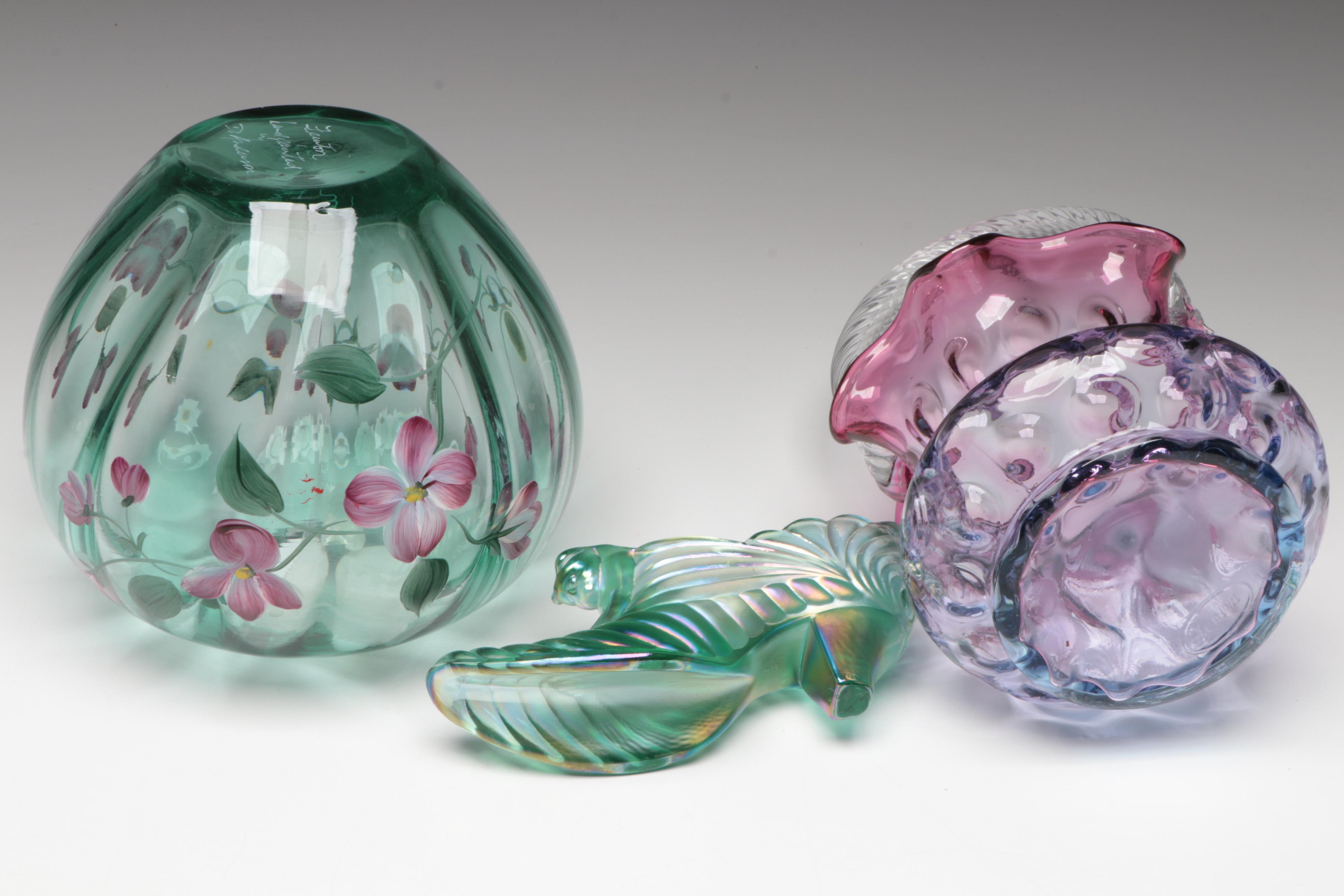 Fenton Hand-Painted Glass Floral Vase with Basket and Shoe Figurine
