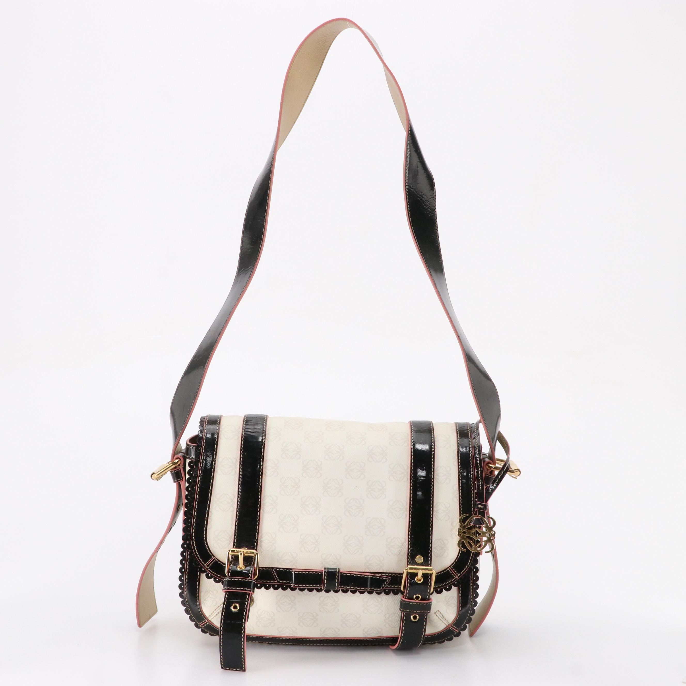 Loewe White Anagram and Black Patent Leather Messenger Bag with Pink Trim