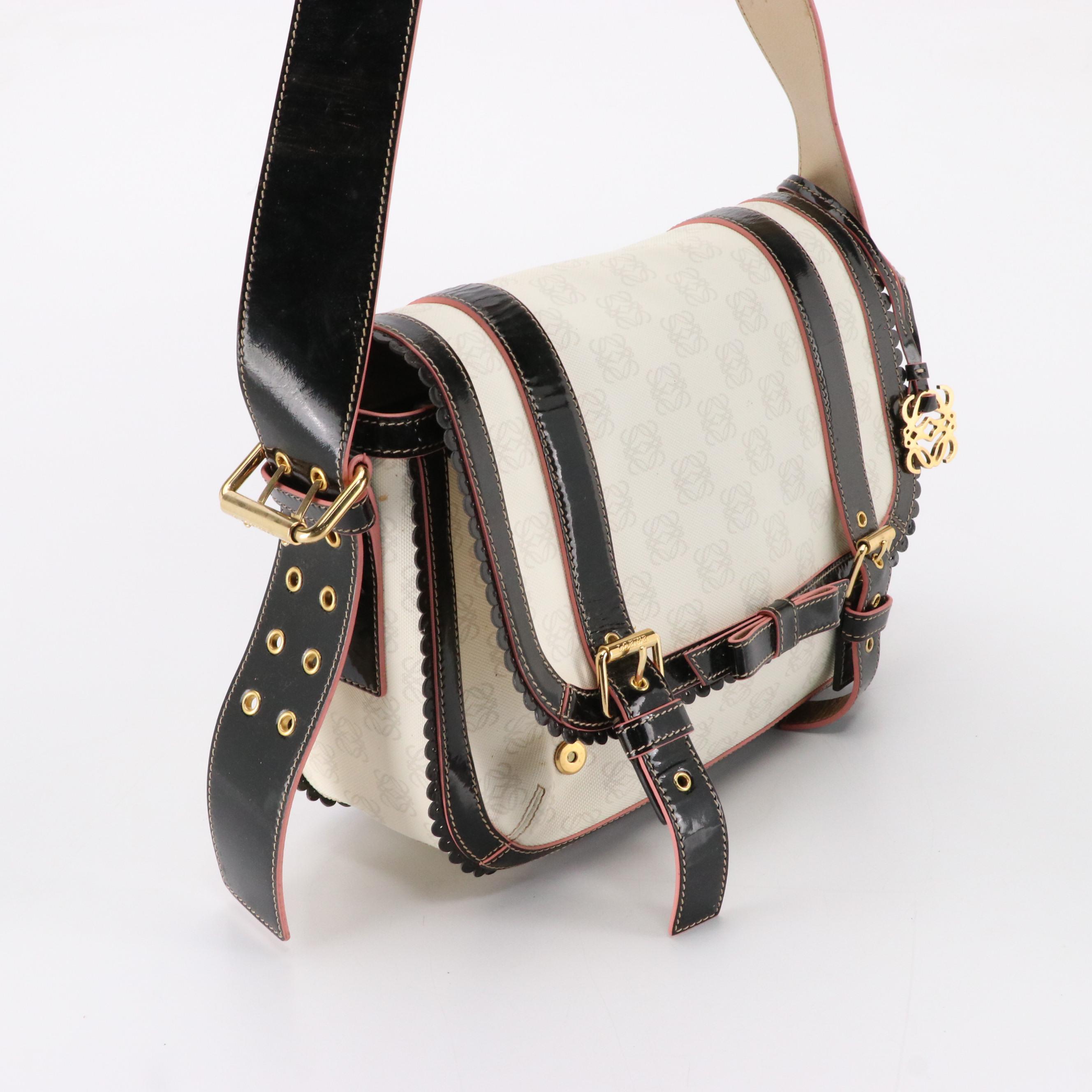 Loewe White Anagram and Black Patent Leather Messenger Bag with Pink Trim