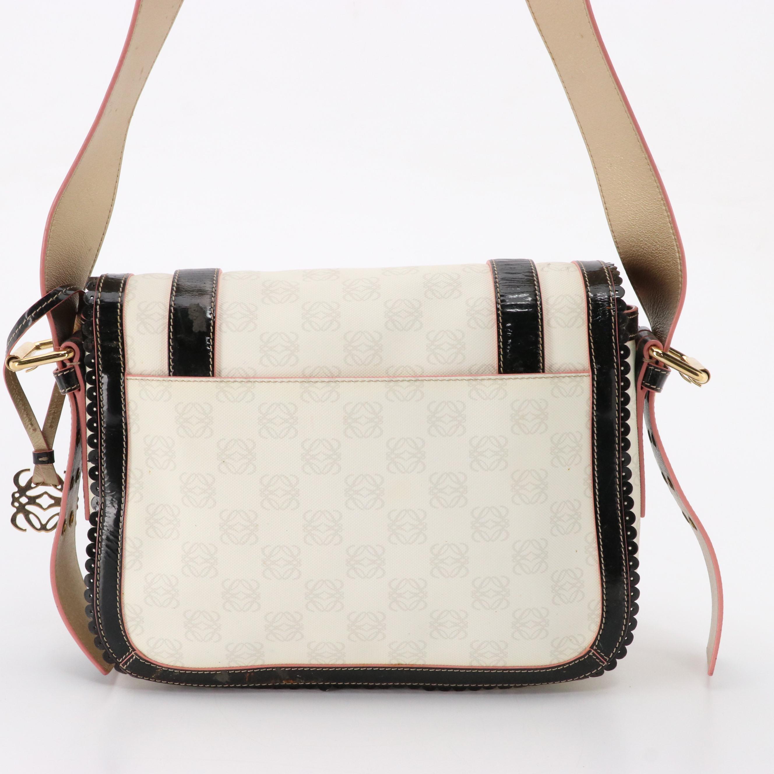Loewe White Anagram and Black Patent Leather Messenger Bag with Pink Trim