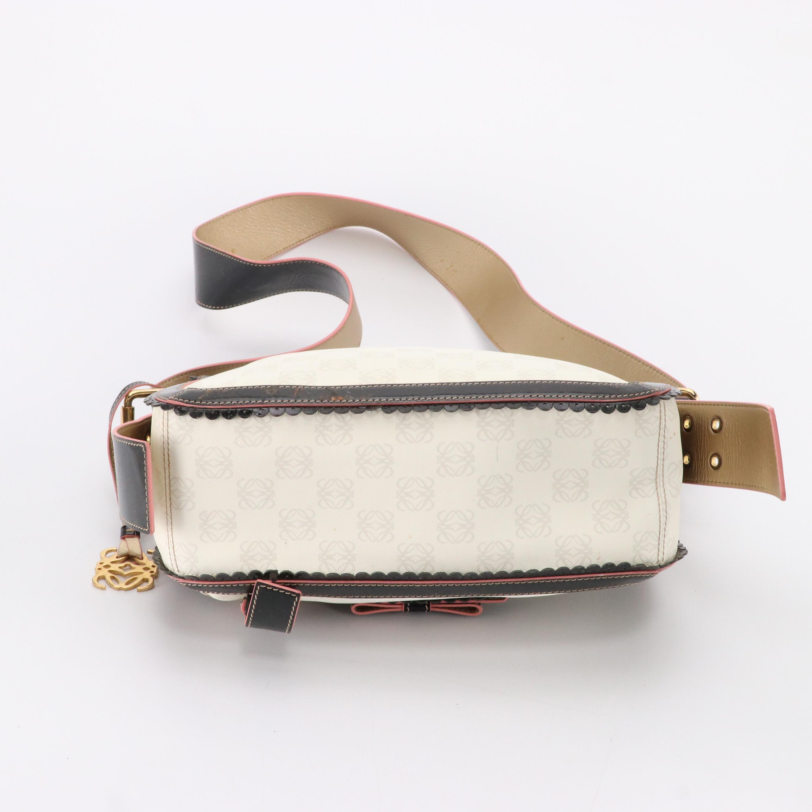 Loewe White Anagram and Black Patent Leather Messenger Bag with Pink Trim