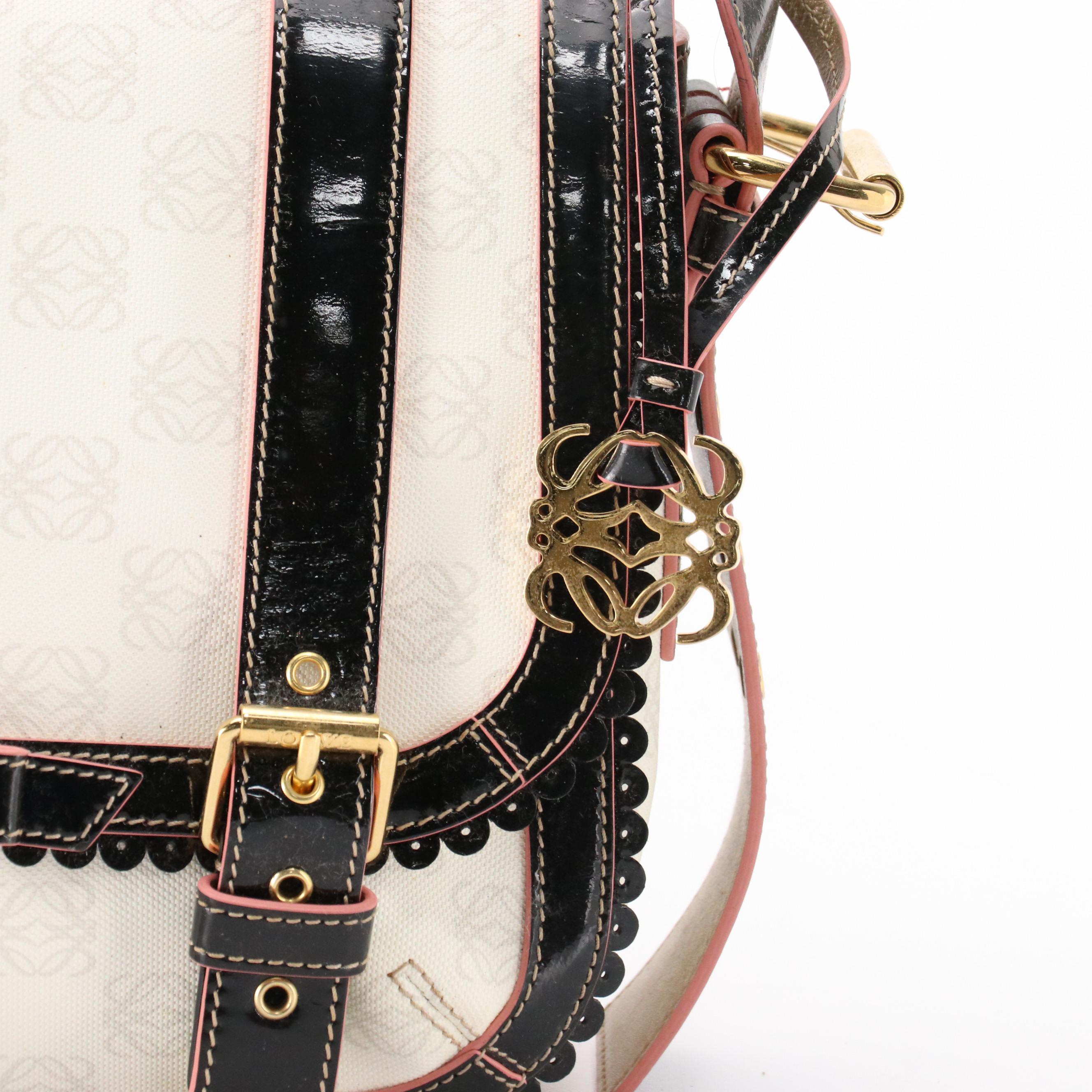 Loewe White Anagram and Black Patent Leather Messenger Bag with Pink Trim