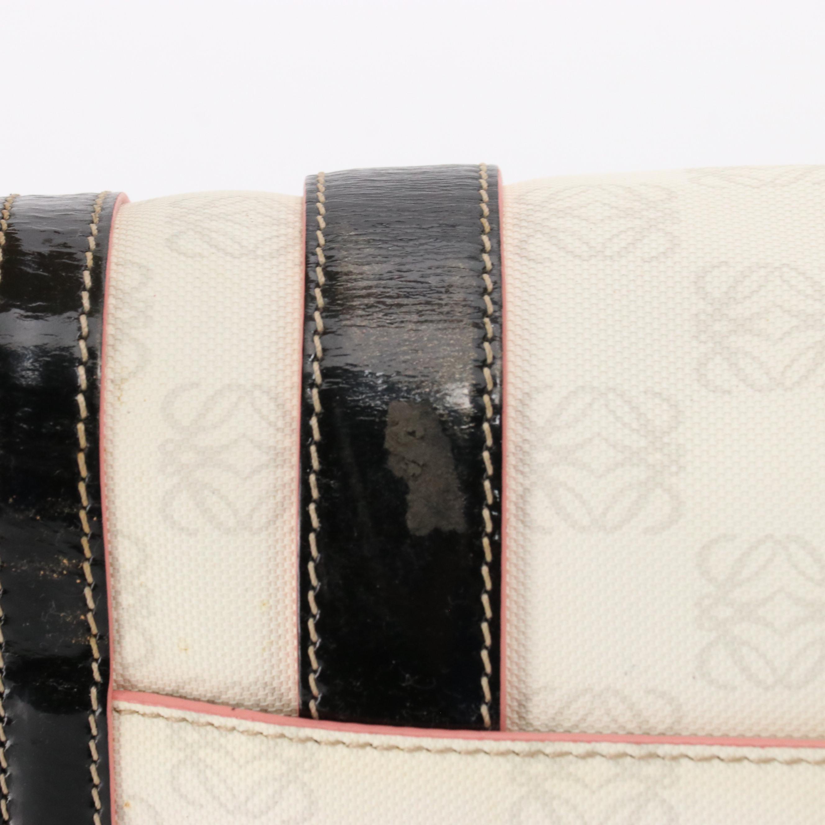 Loewe White Anagram and Black Patent Leather Messenger Bag with Pink Trim