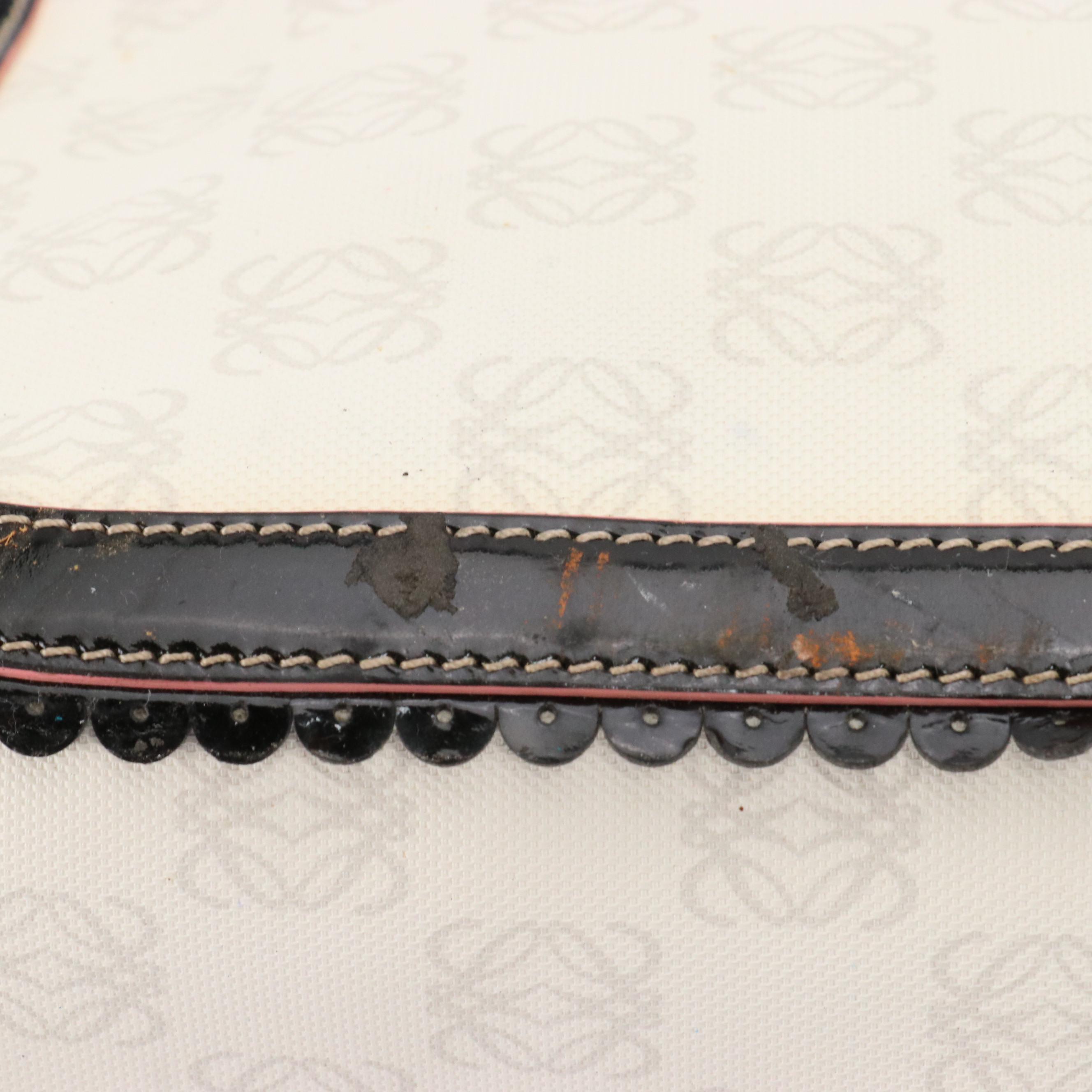 Loewe White Anagram and Black Patent Leather Messenger Bag with Pink Trim