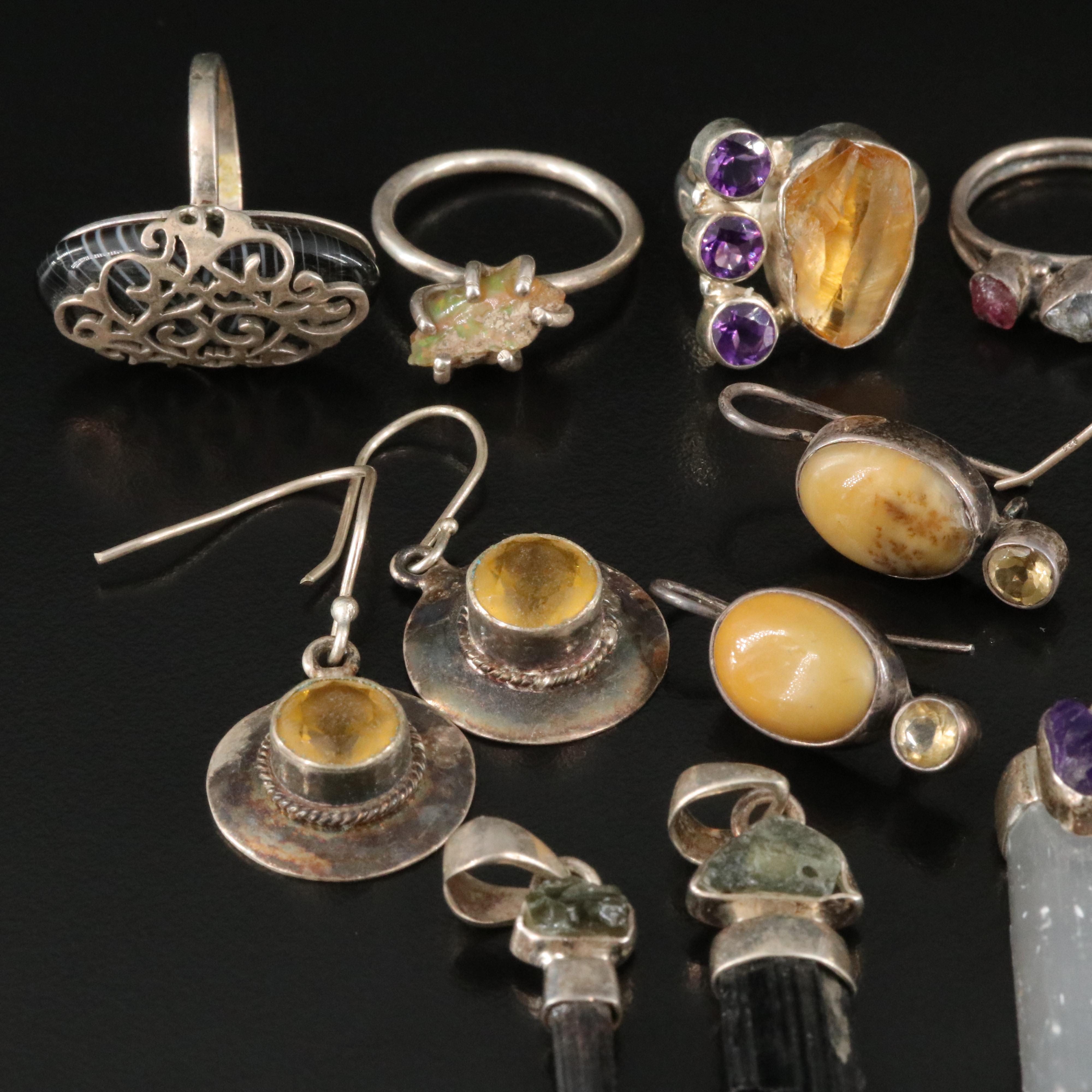 Collection of Sterling Gemstone Jewelry Including Tourmaline and Sunstone