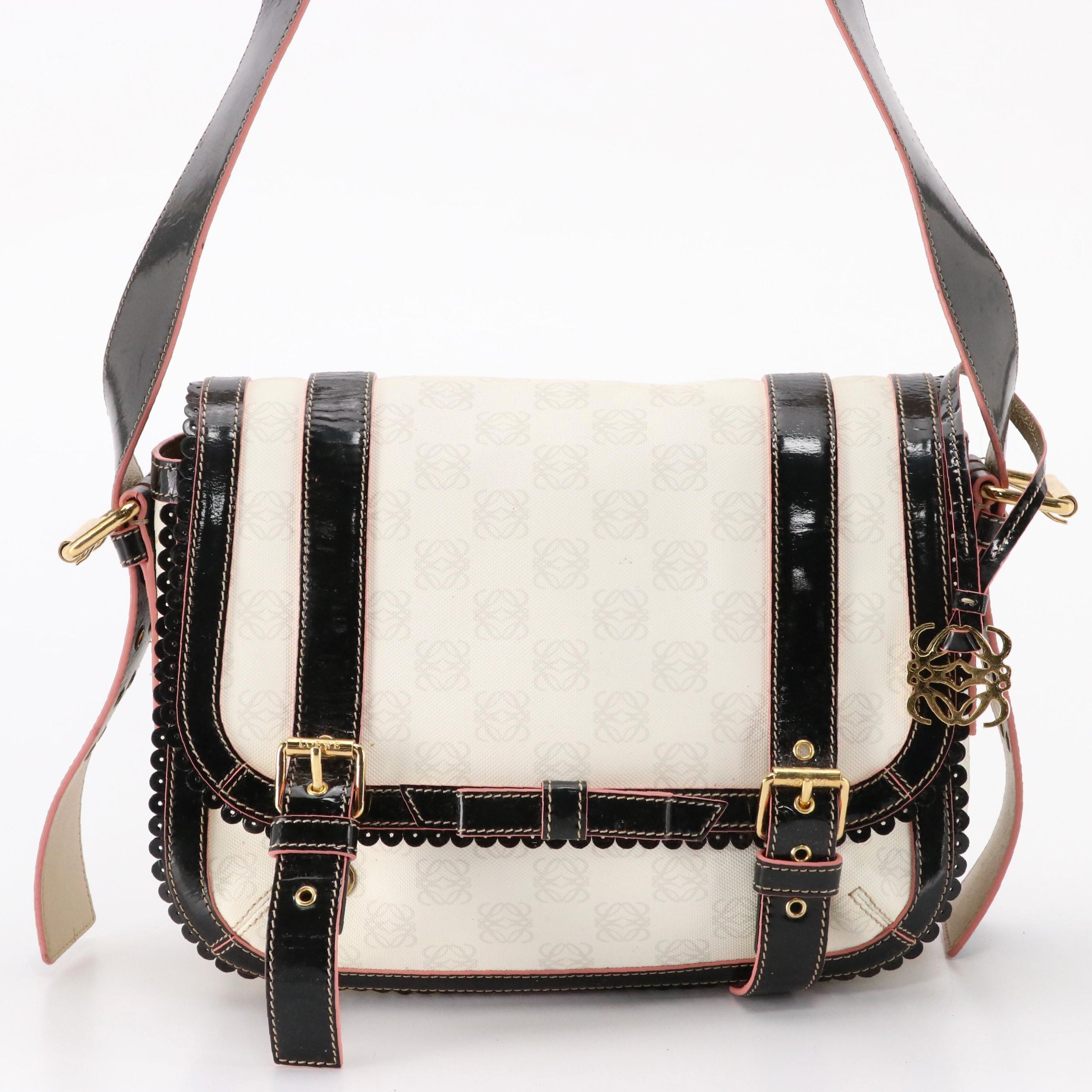 Loewe White Anagram and Black Patent Leather Messenger Bag with Pink Trim