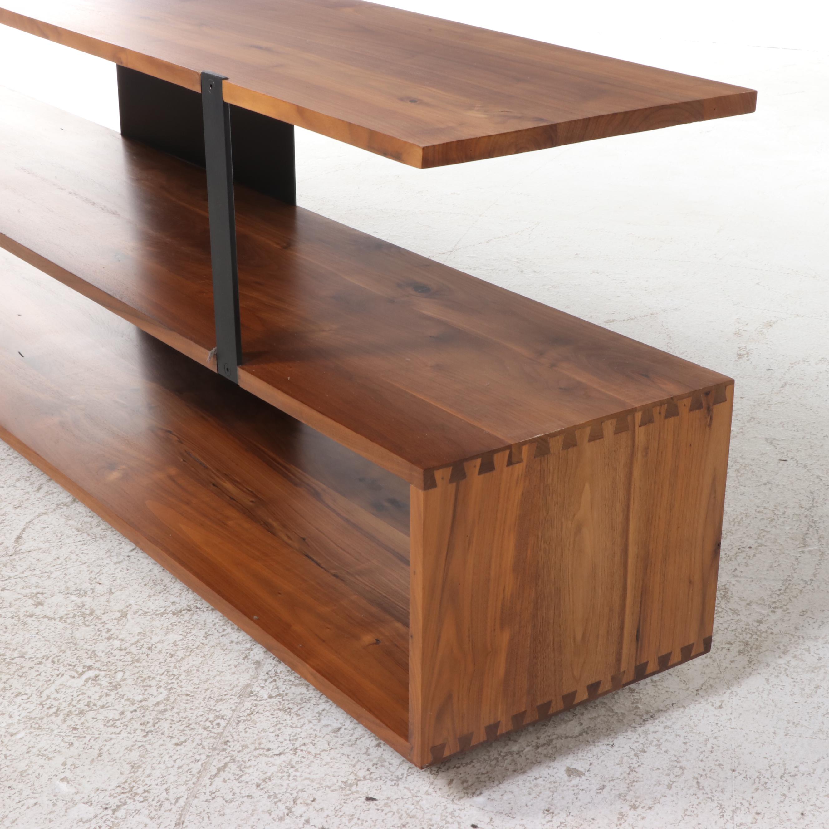 Crate & Barrel "Austin" Walnut and Matte Black Steel Three-Tier Media Console