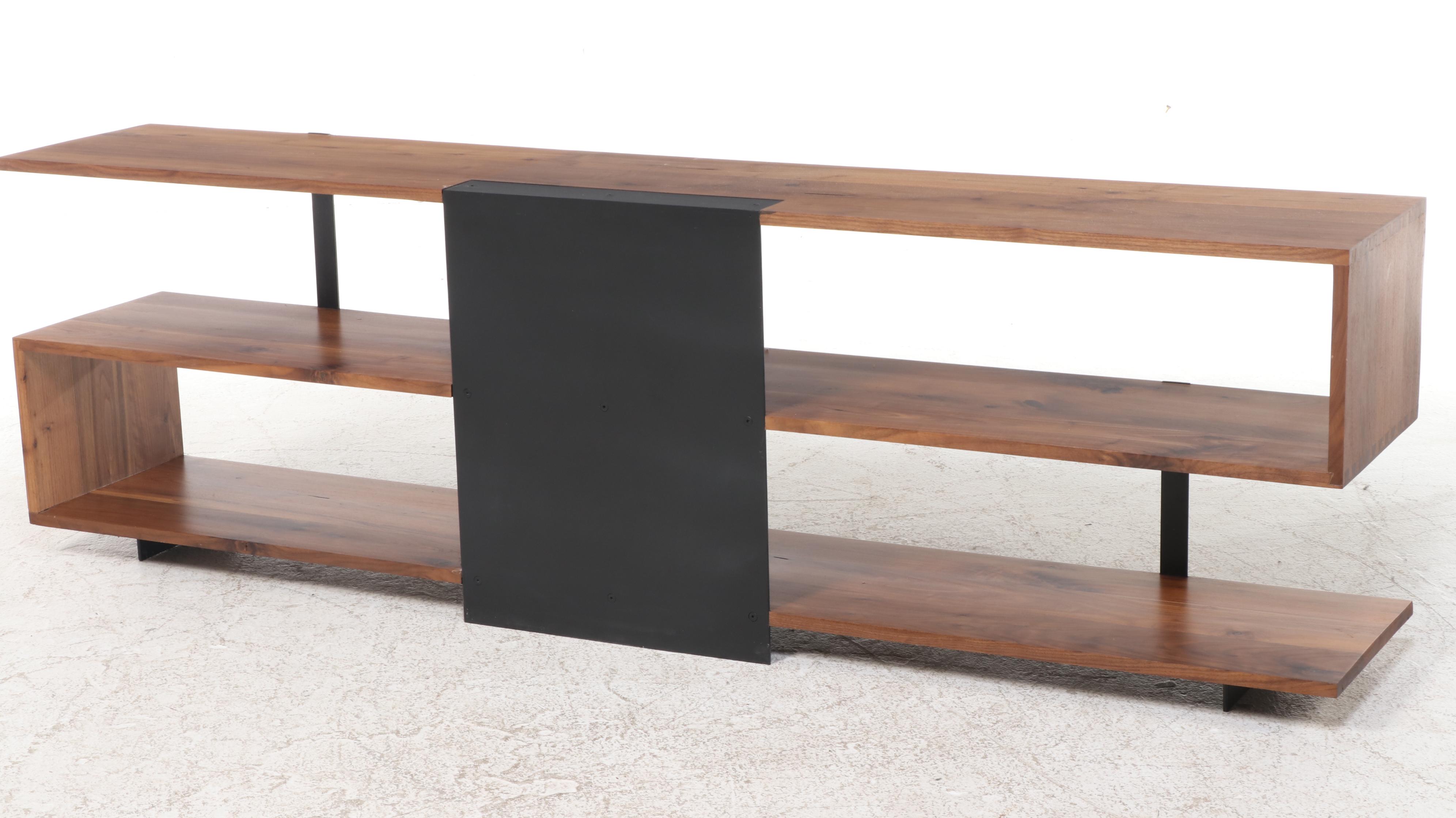 Crate & Barrel "Austin" Walnut and Matte Black Steel Three-Tier Media Console