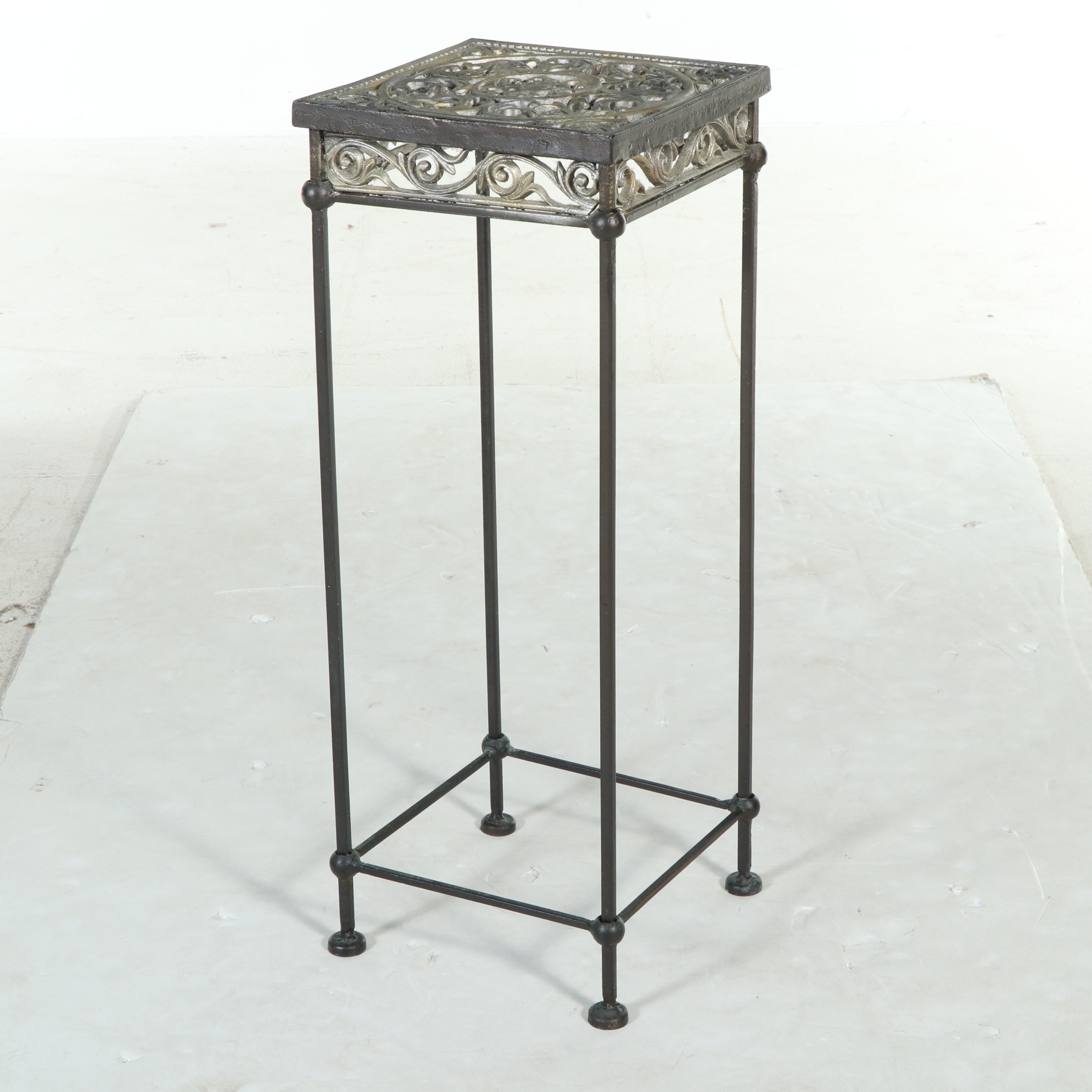 Patinated and Cast Metal Plant Stand with Magazine Rack