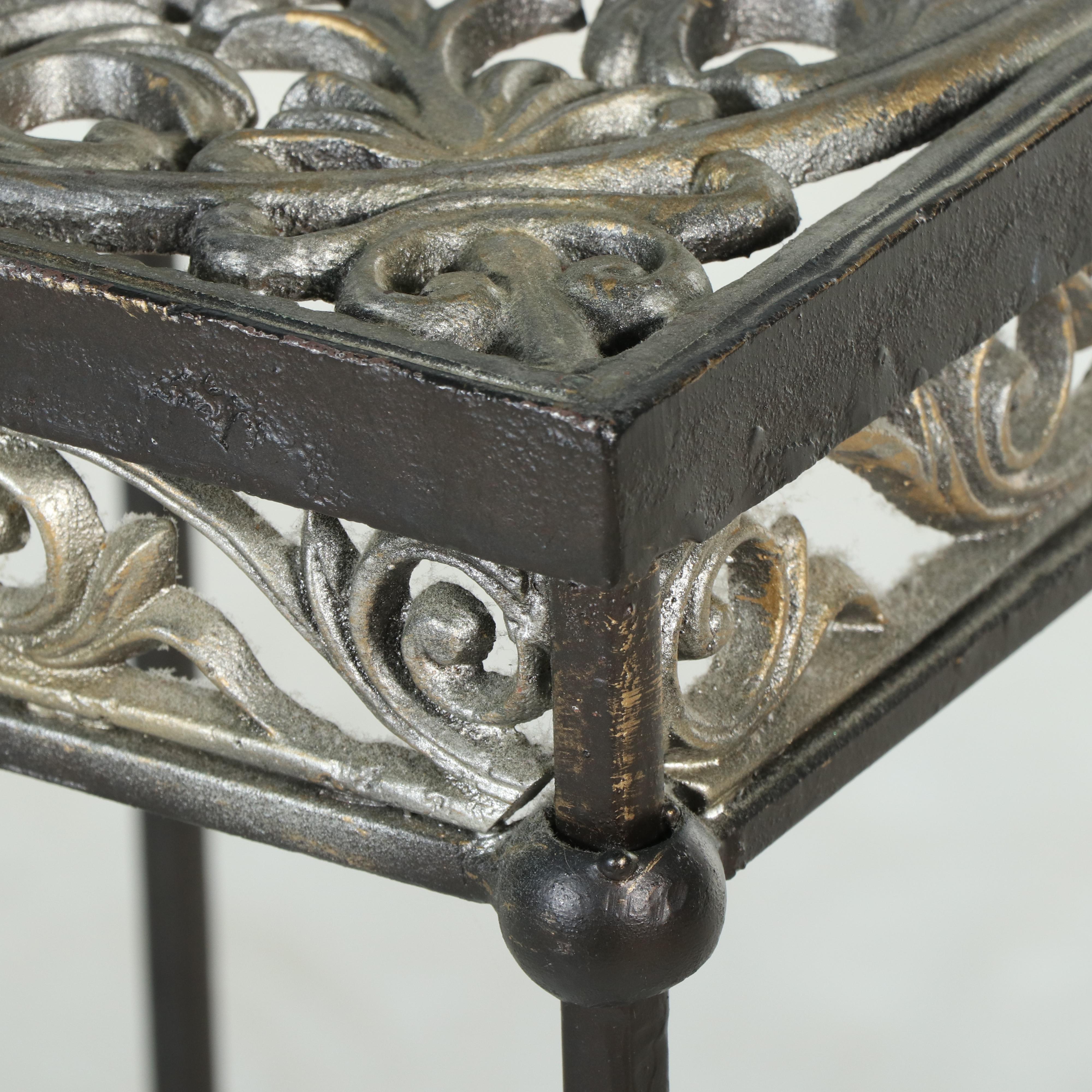 Patinated and Cast Metal Plant Stand with Magazine Rack