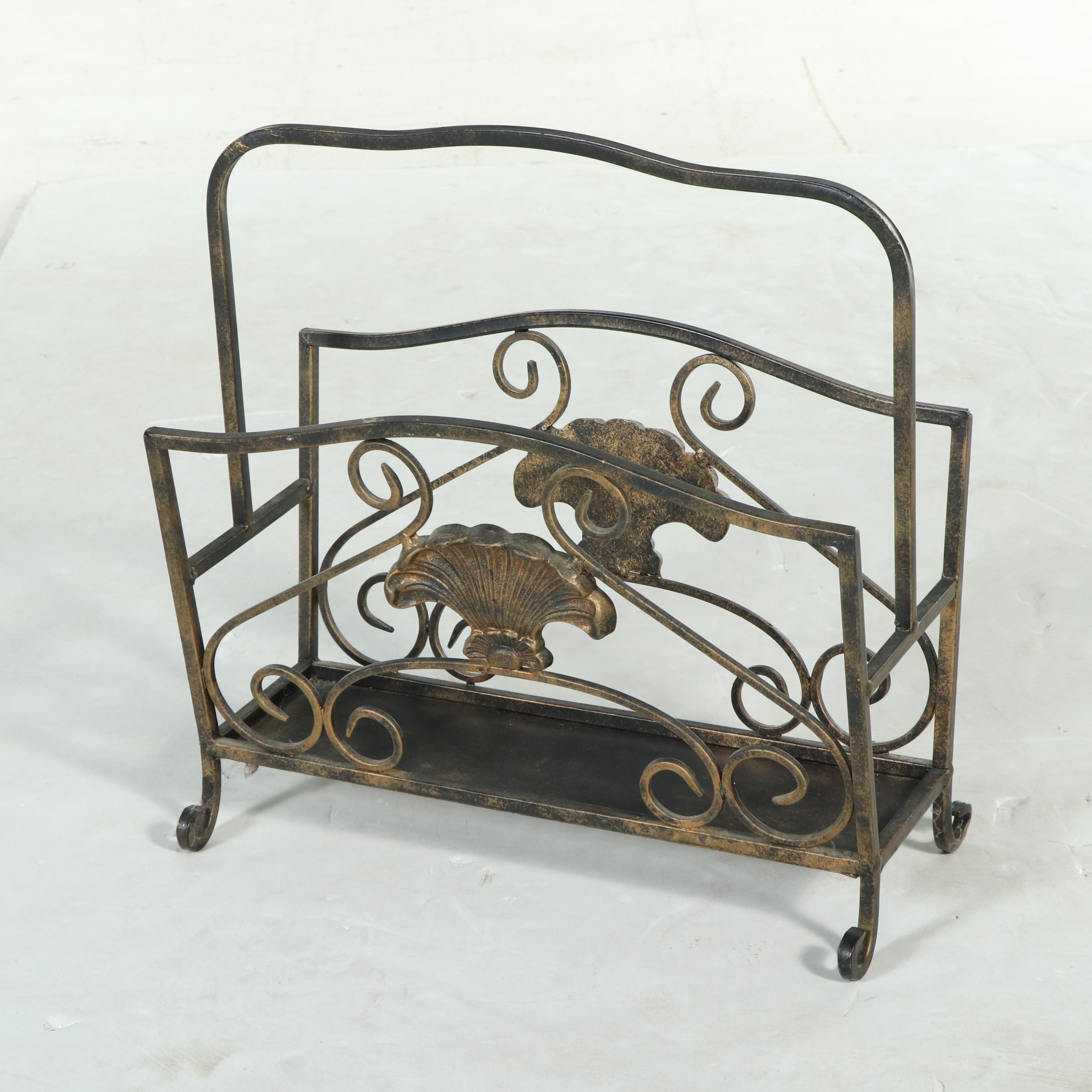 Patinated and Cast Metal Plant Stand with Magazine Rack