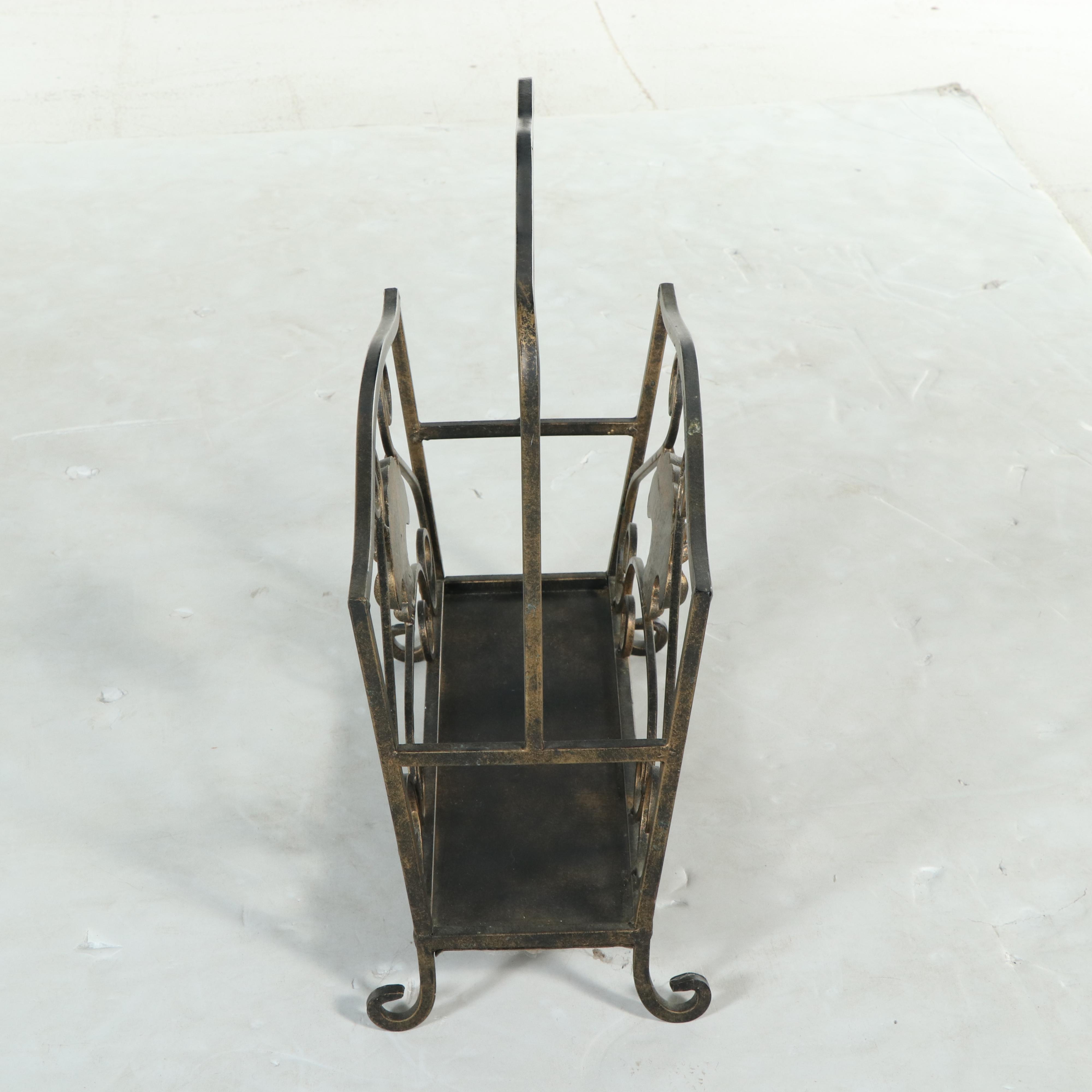 Patinated and Cast Metal Plant Stand with Magazine Rack
