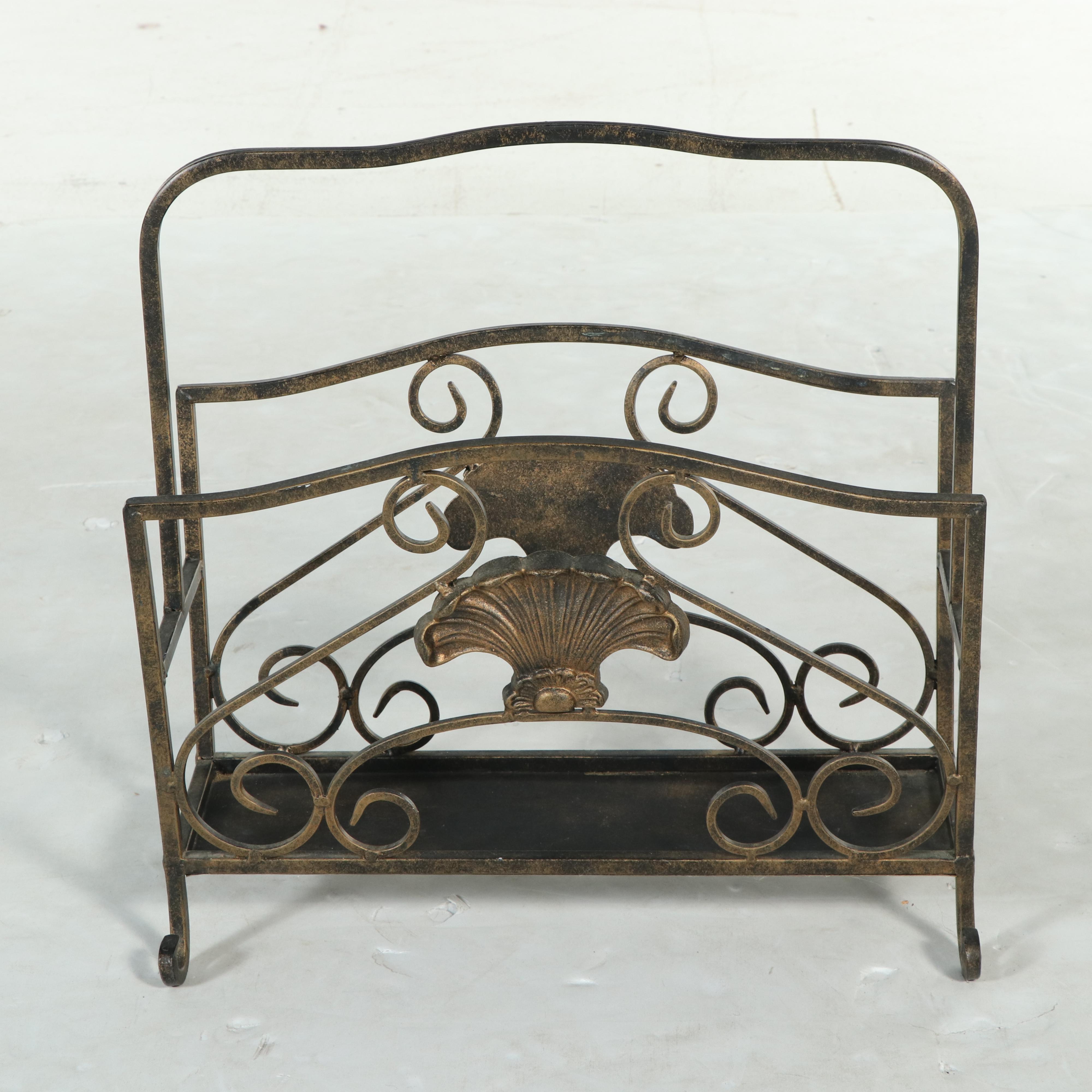Patinated and Cast Metal Plant Stand with Magazine Rack