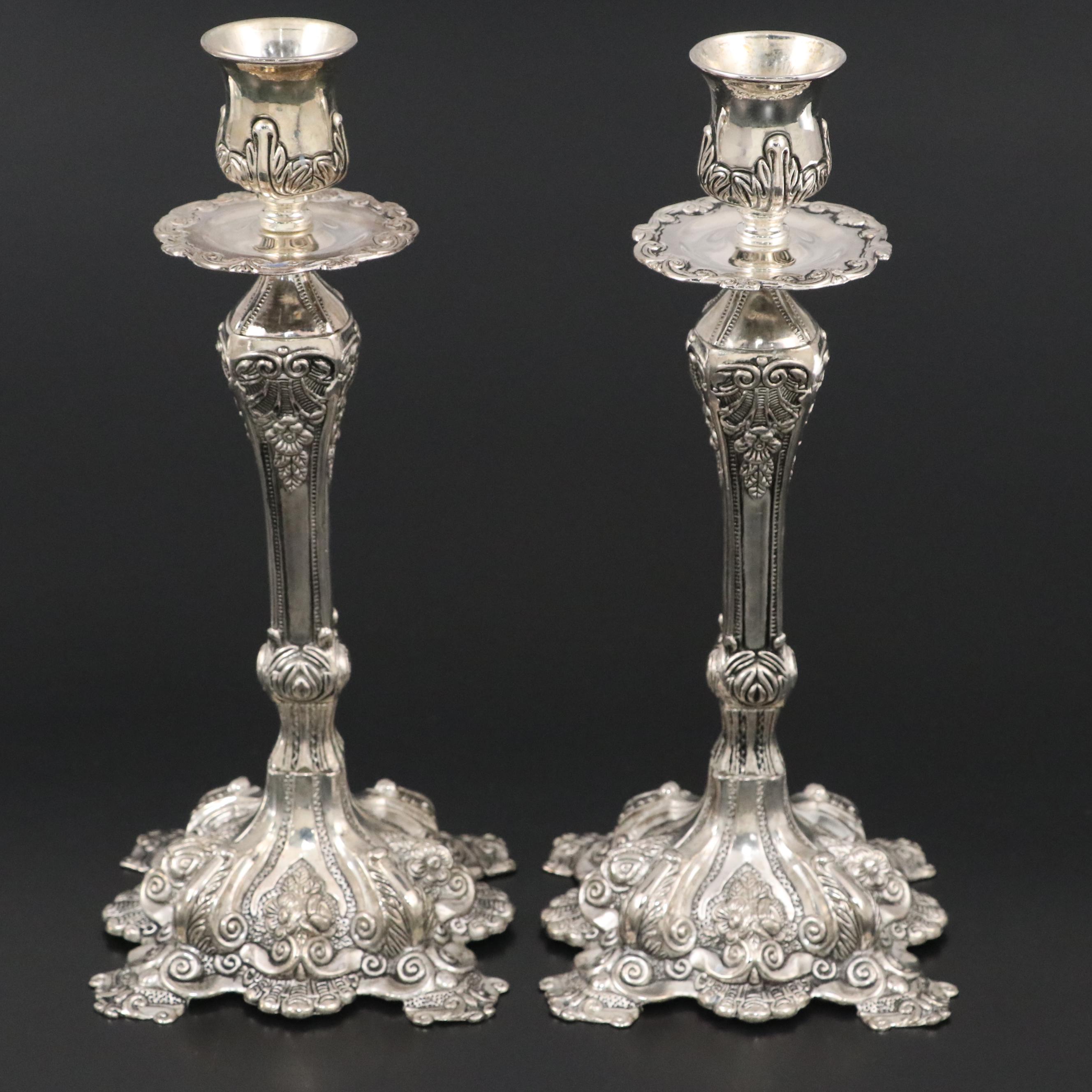 Studio Silversmiths Embossed Silver Plate Candlestick Pair