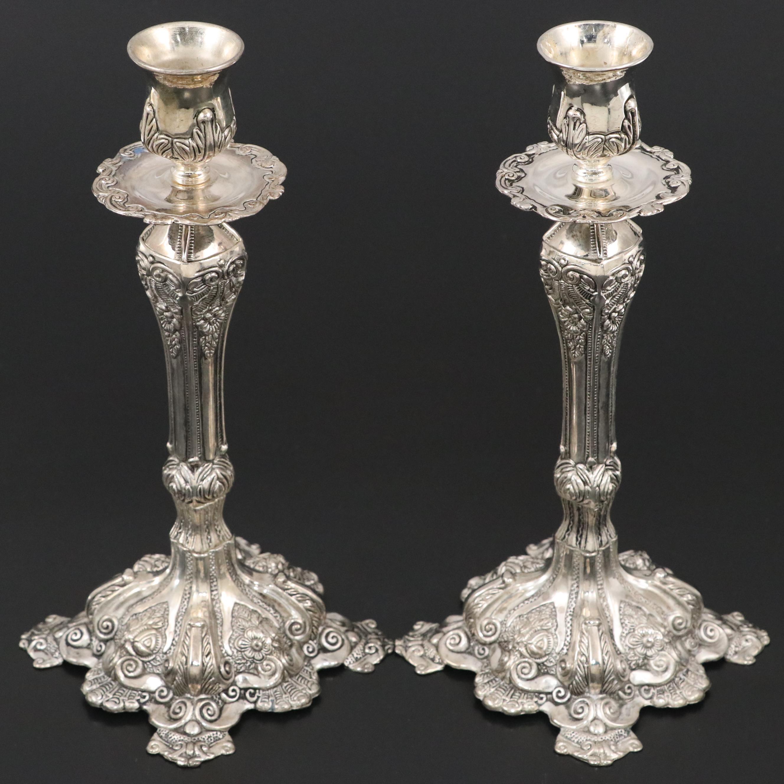 Studio Silversmiths Embossed Silver Plate Candlestick Pair
