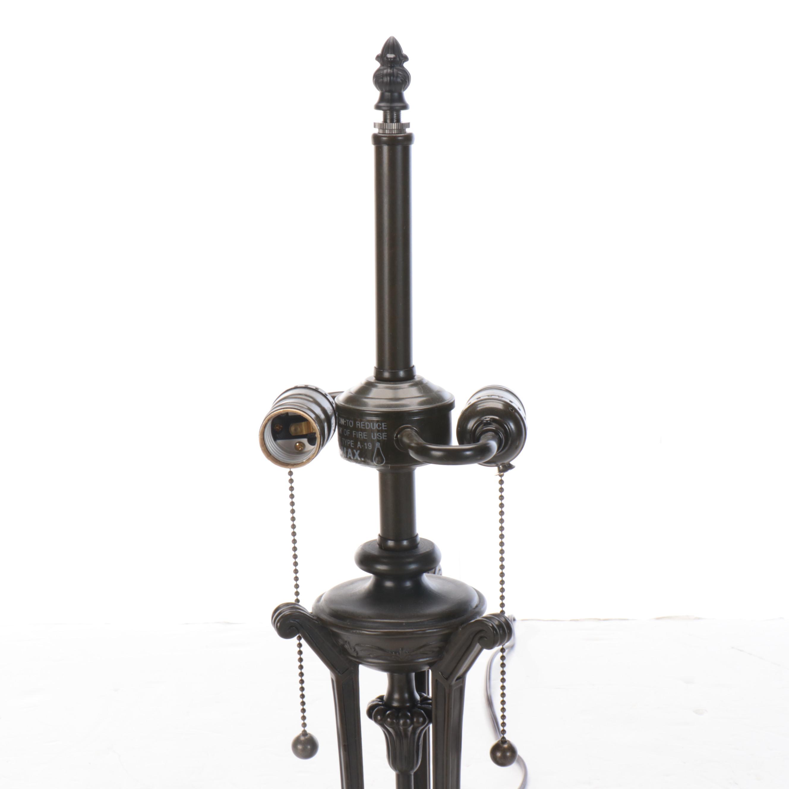 Neoclassical Style Bronzed Metal Table Lamp & Iridescent Slag Glass Panel Shade