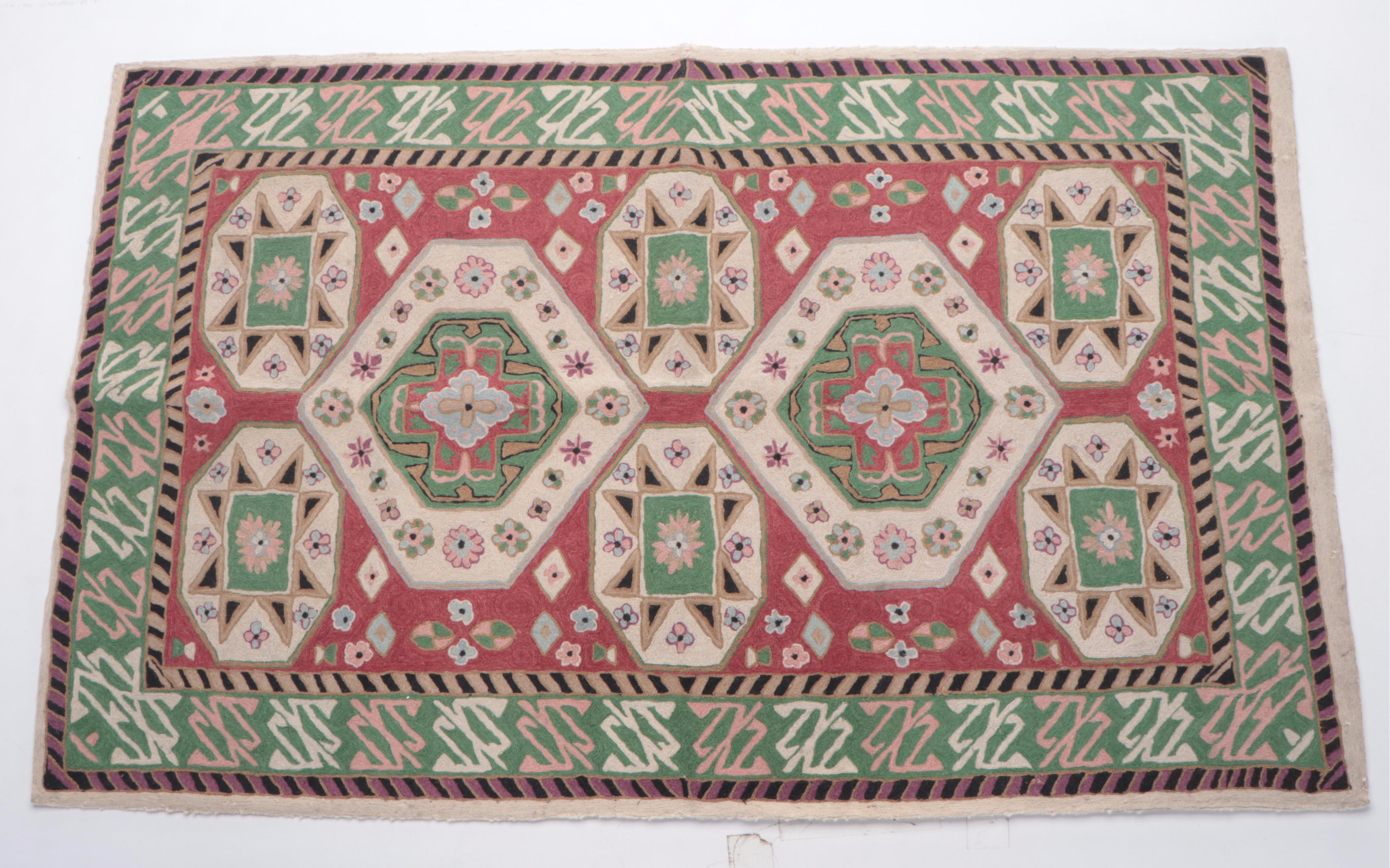 3' x 5' Handmade Indian Chain-Stitch Rug With Batik Prints and Fabric Remnants