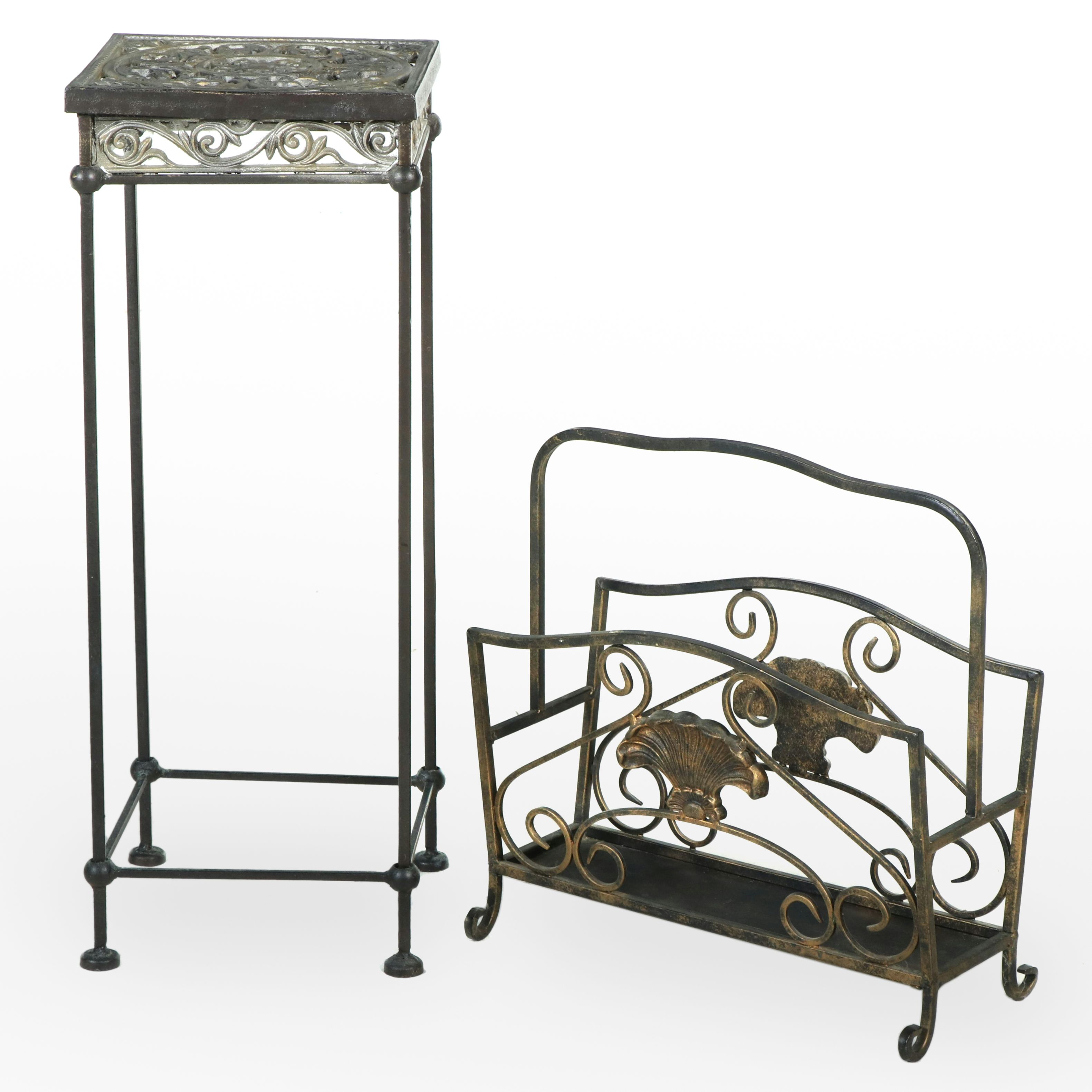 Patinated and Cast Metal Plant Stand with Magazine Rack