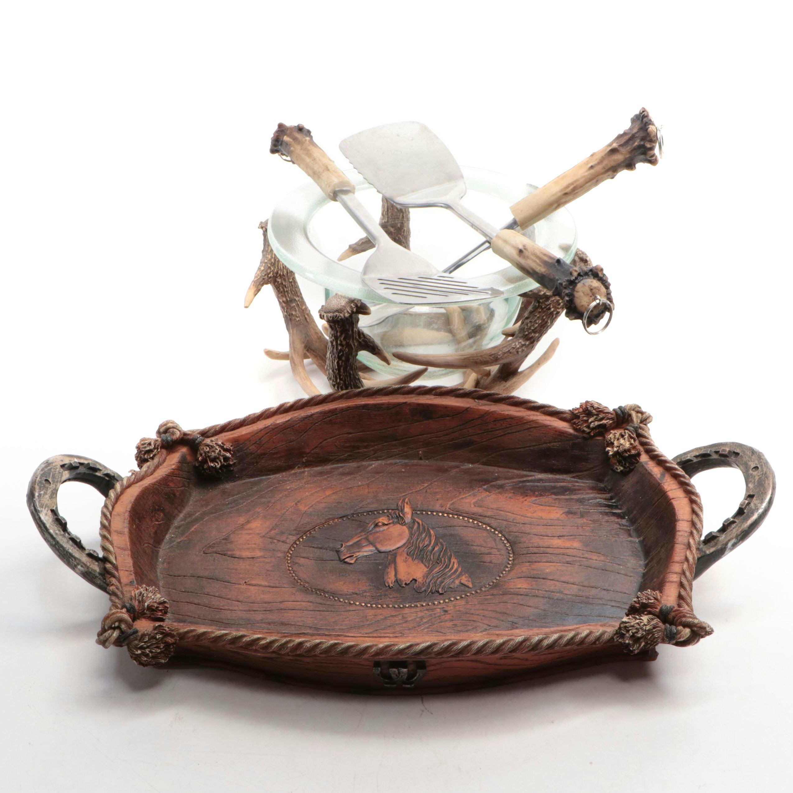 Western Style Serving Tray with Faux Antler Utensil and Bowl