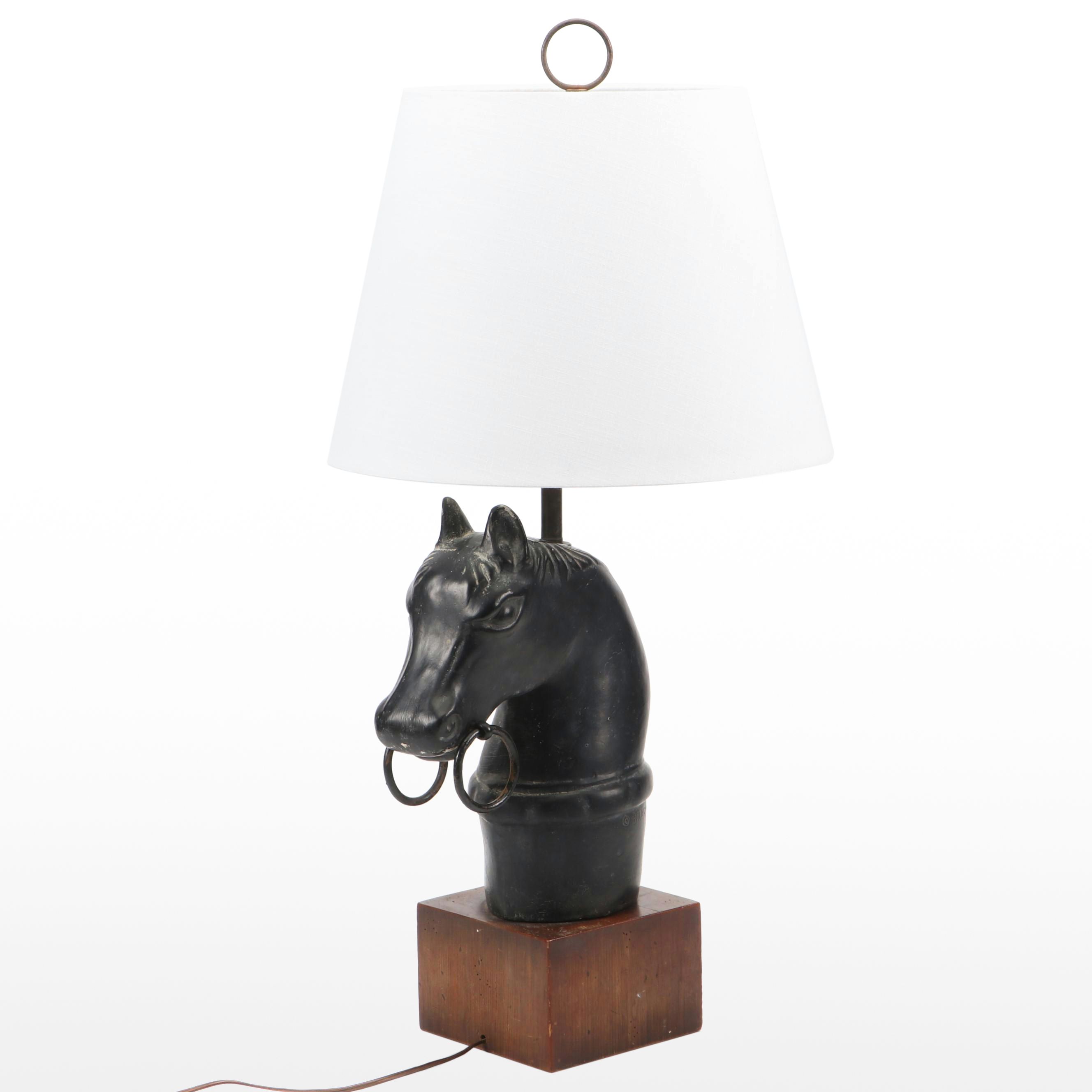 Iron Horse Head Hitching Post Table Lamp with Wooden Base