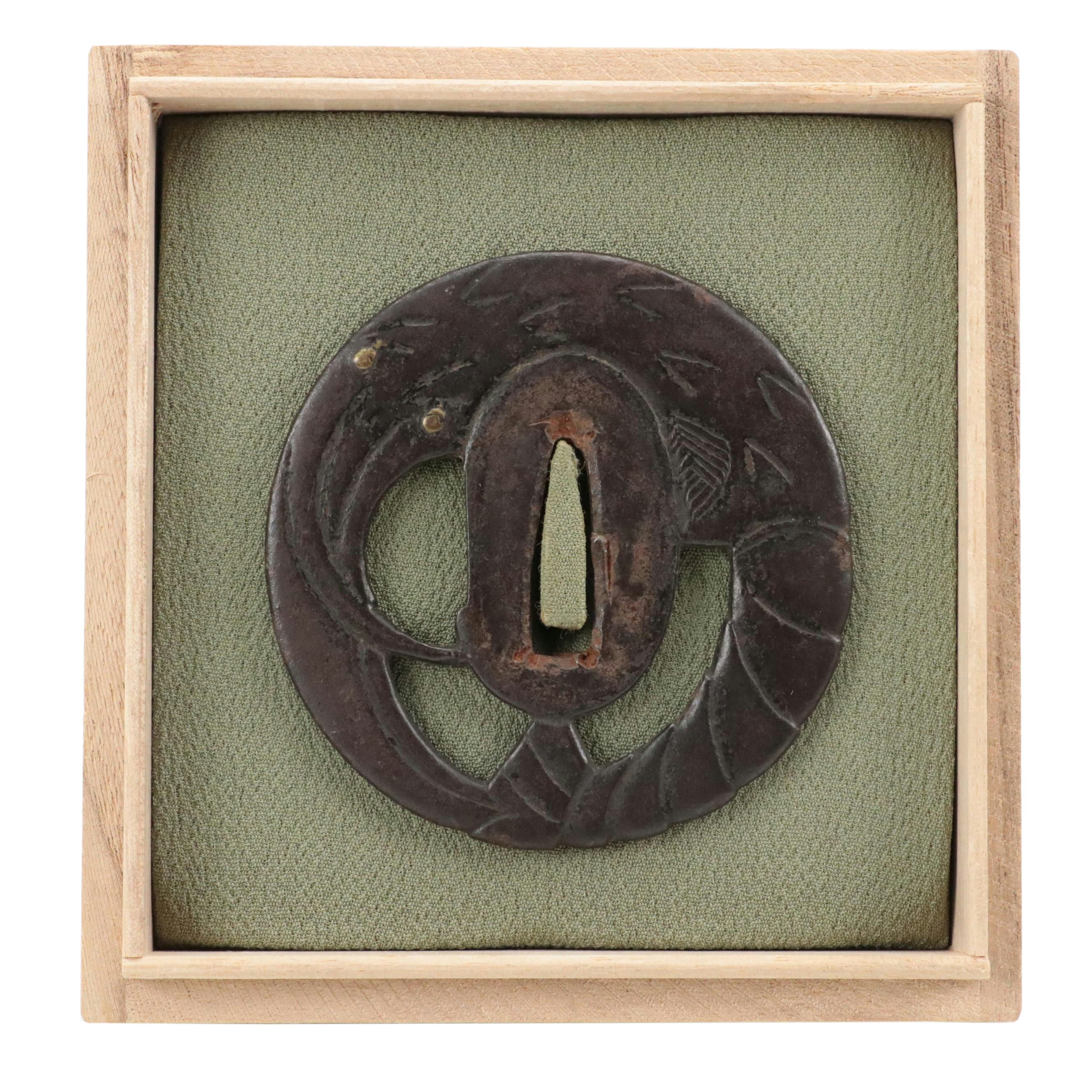 Japanese Iron and Brass Inlay Sword Tsuba in Case
