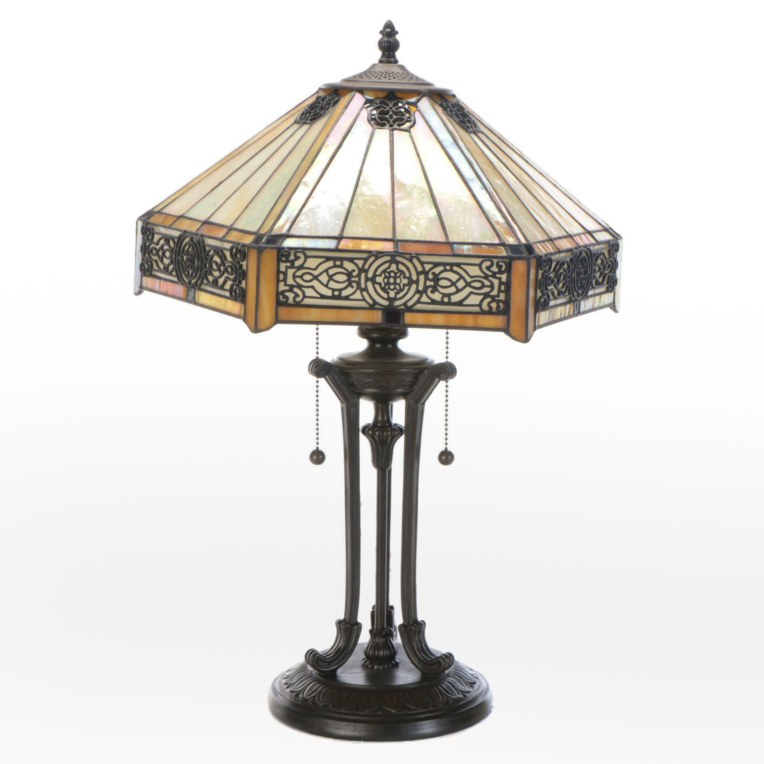 Neoclassical Style Bronzed Metal Table Lamp & Iridescent Slag Glass Panel Shade