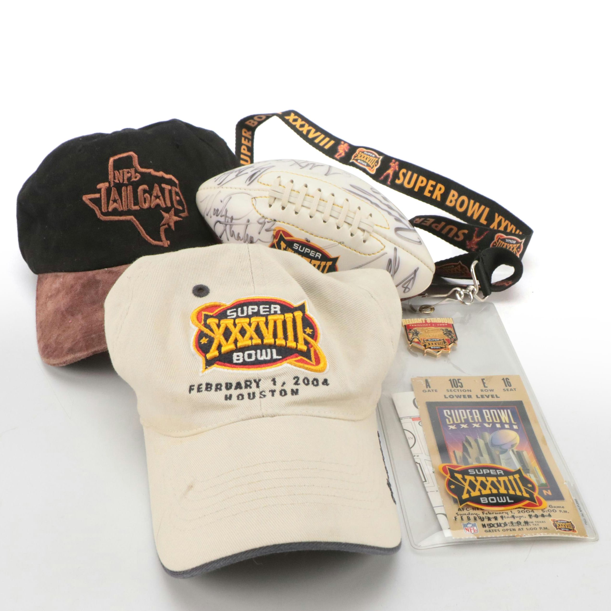 Super Bowl XXXVIII Signed Mini Football with Ticket Stub and More