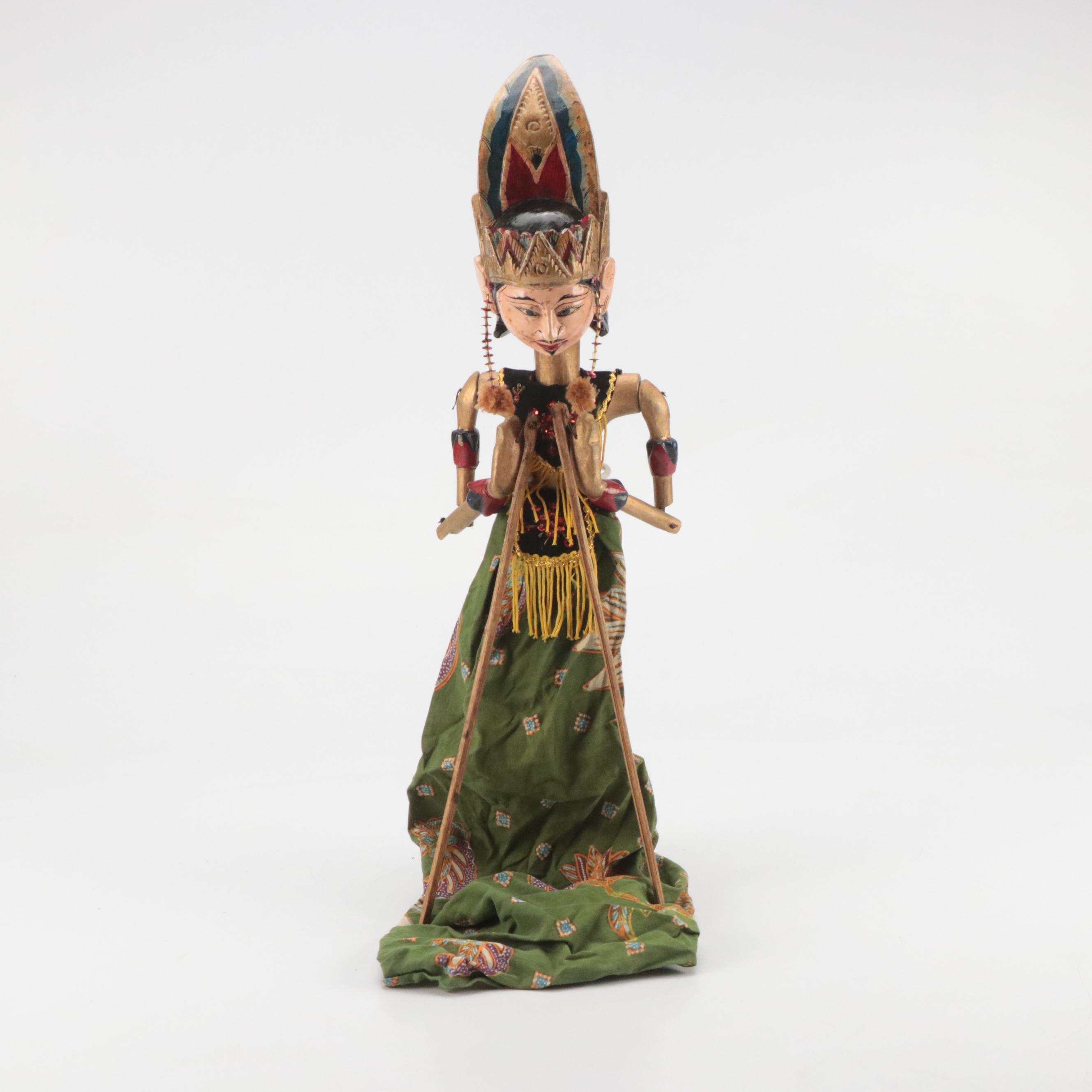 Indonesian Wayang Golek Rod Puppet with Gilt-Decorated Elephant Figurine