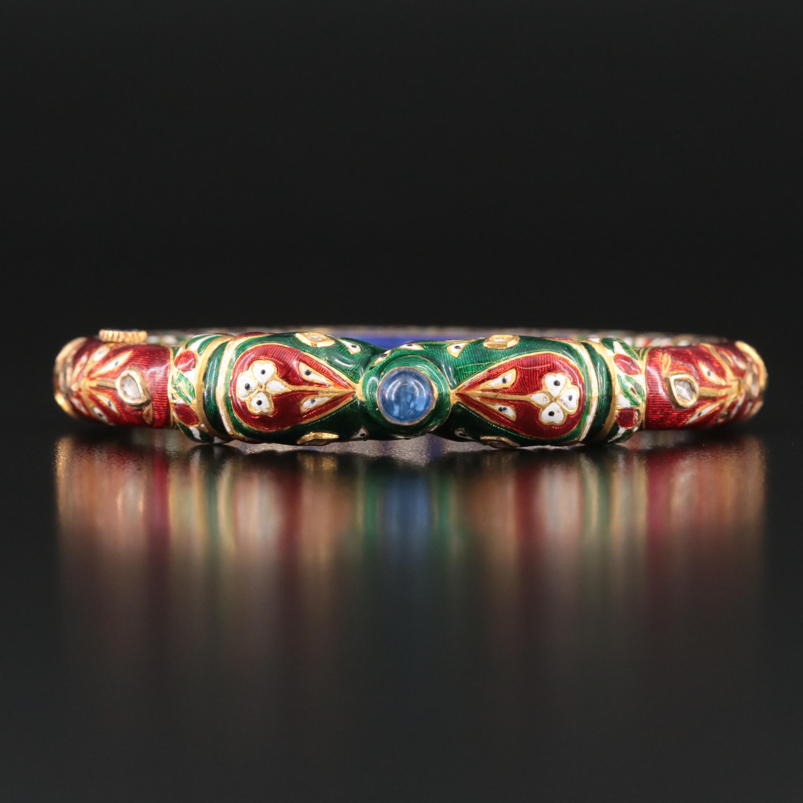 Indian Meenakari Enamel, Sapphire and Diamond Elephant Makara Bangle