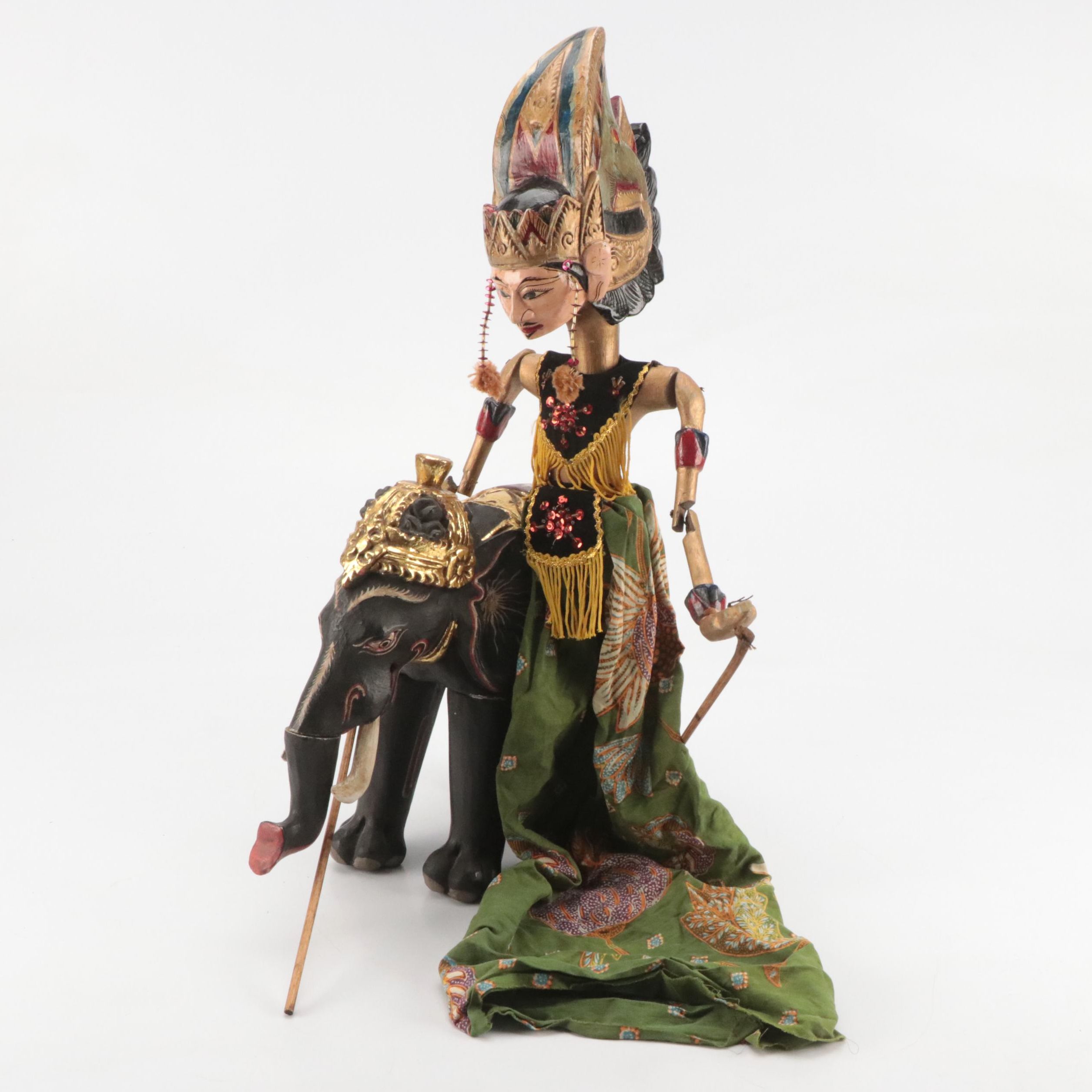 Indonesian Wayang Golek Rod Puppet with Gilt-Decorated Elephant Figurine