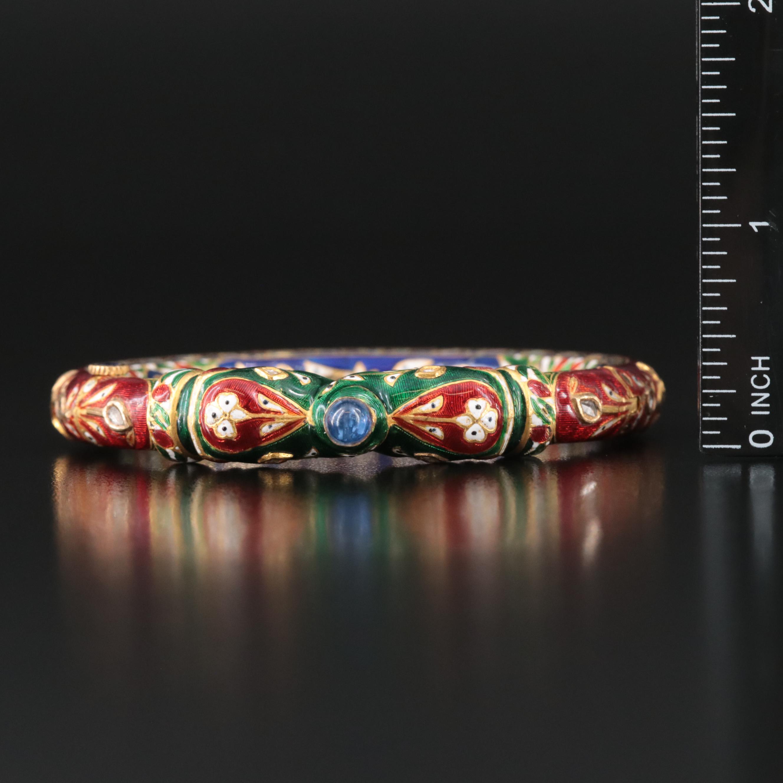 Indian Meenakari Enamel, Sapphire and Diamond Elephant Makara Bangle