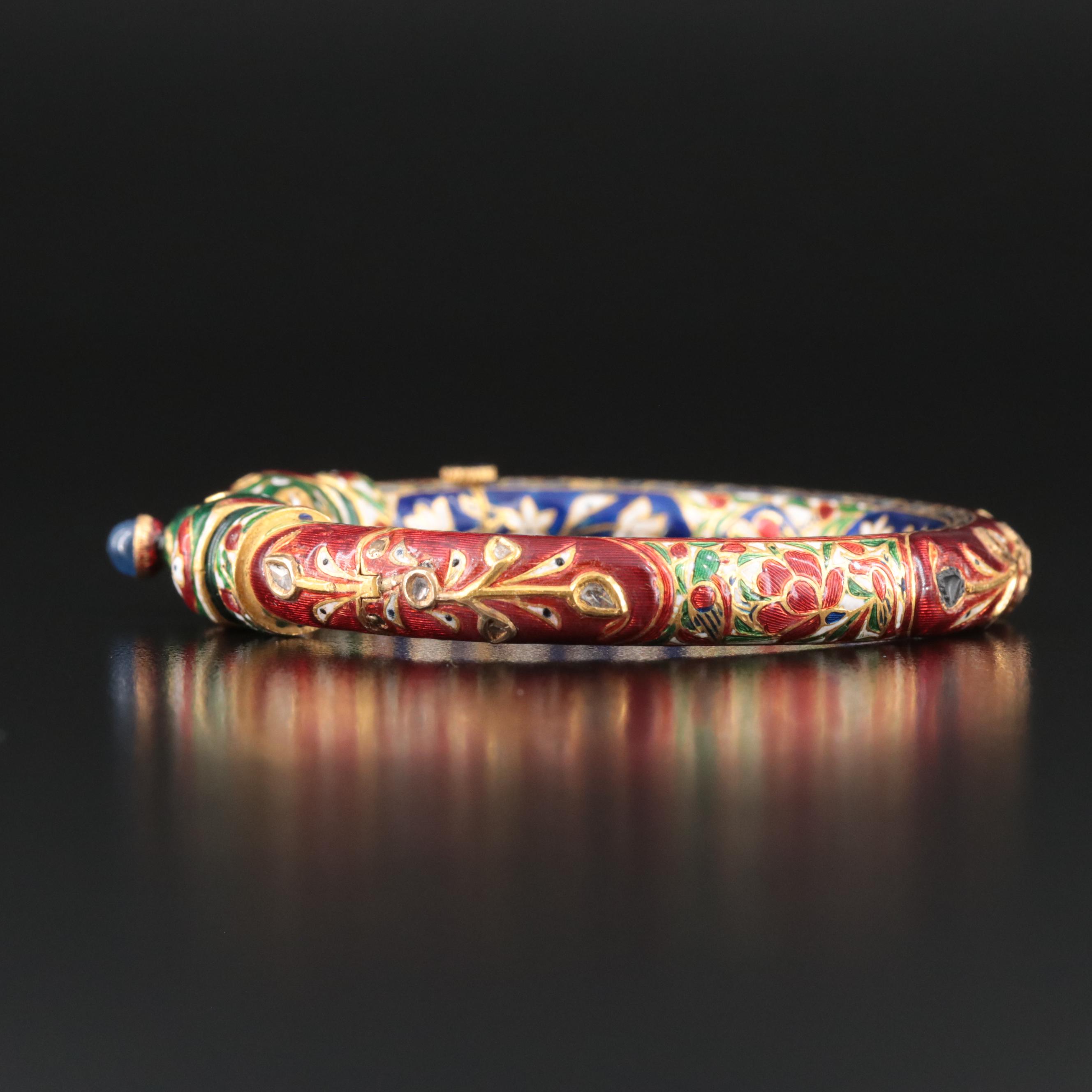 Indian Meenakari Enamel, Sapphire and Diamond Elephant Makara Bangle
