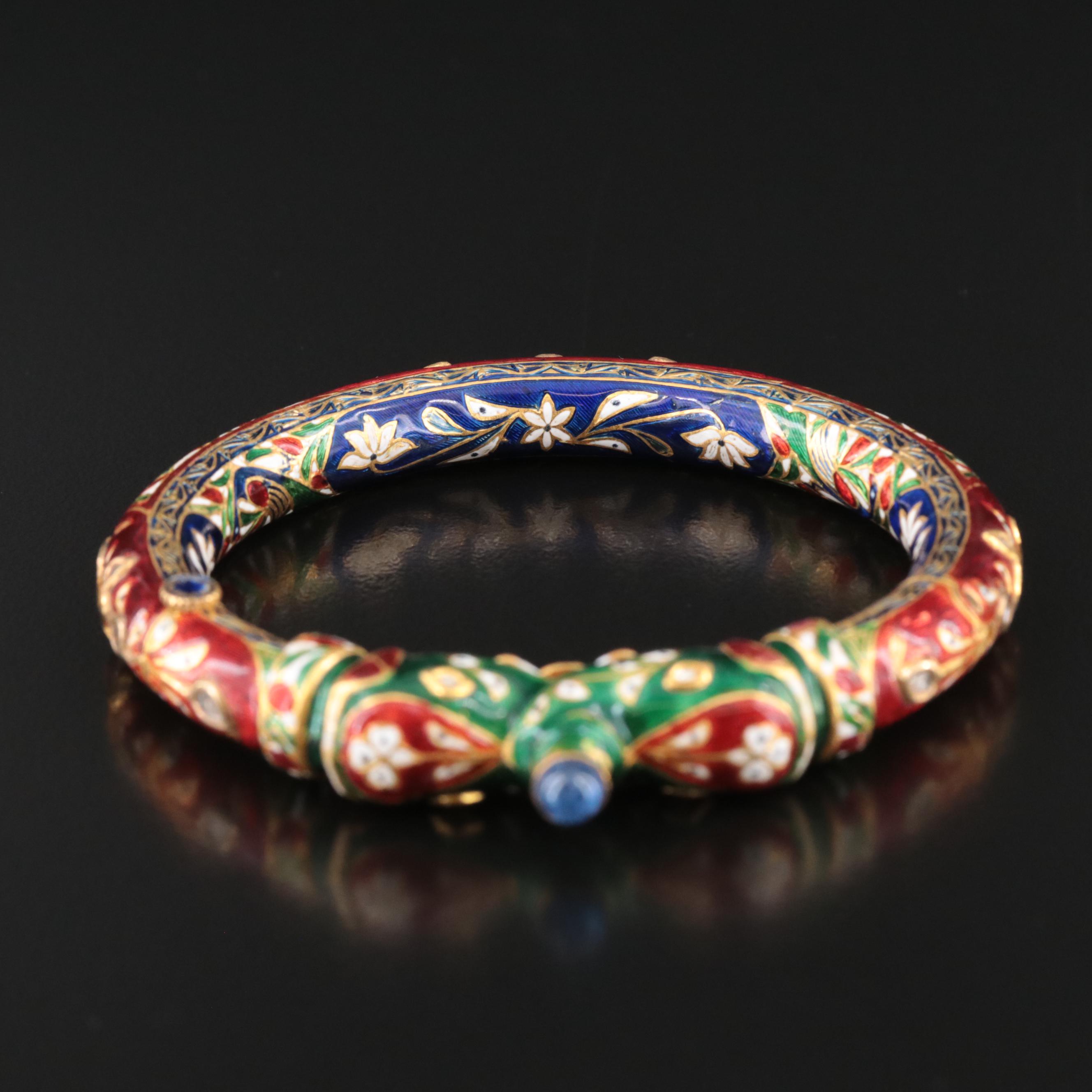 Indian Meenakari Enamel, Sapphire and Diamond Elephant Makara Bangle