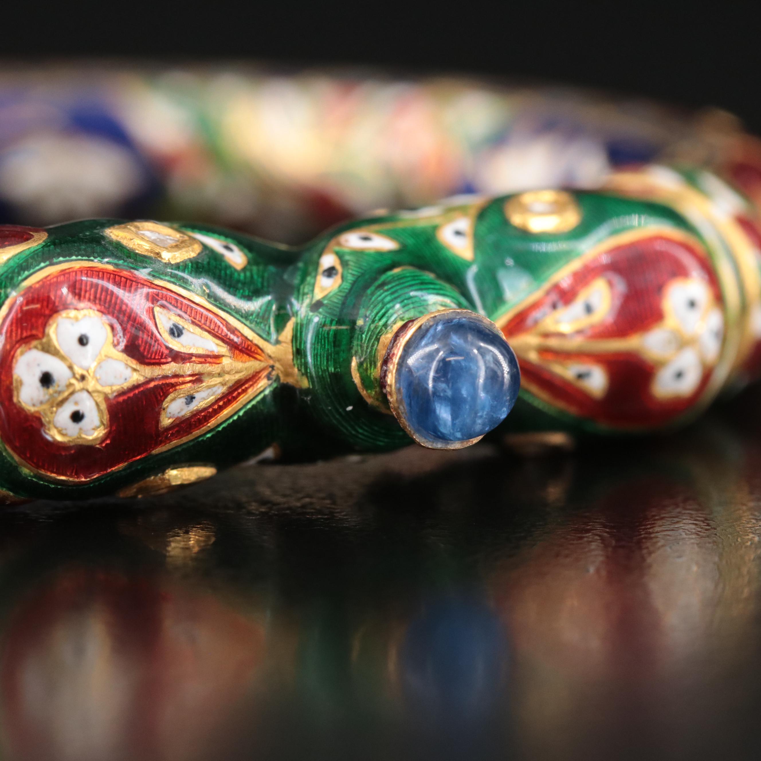 Indian Meenakari Enamel, Sapphire and Diamond Elephant Makara Bangle