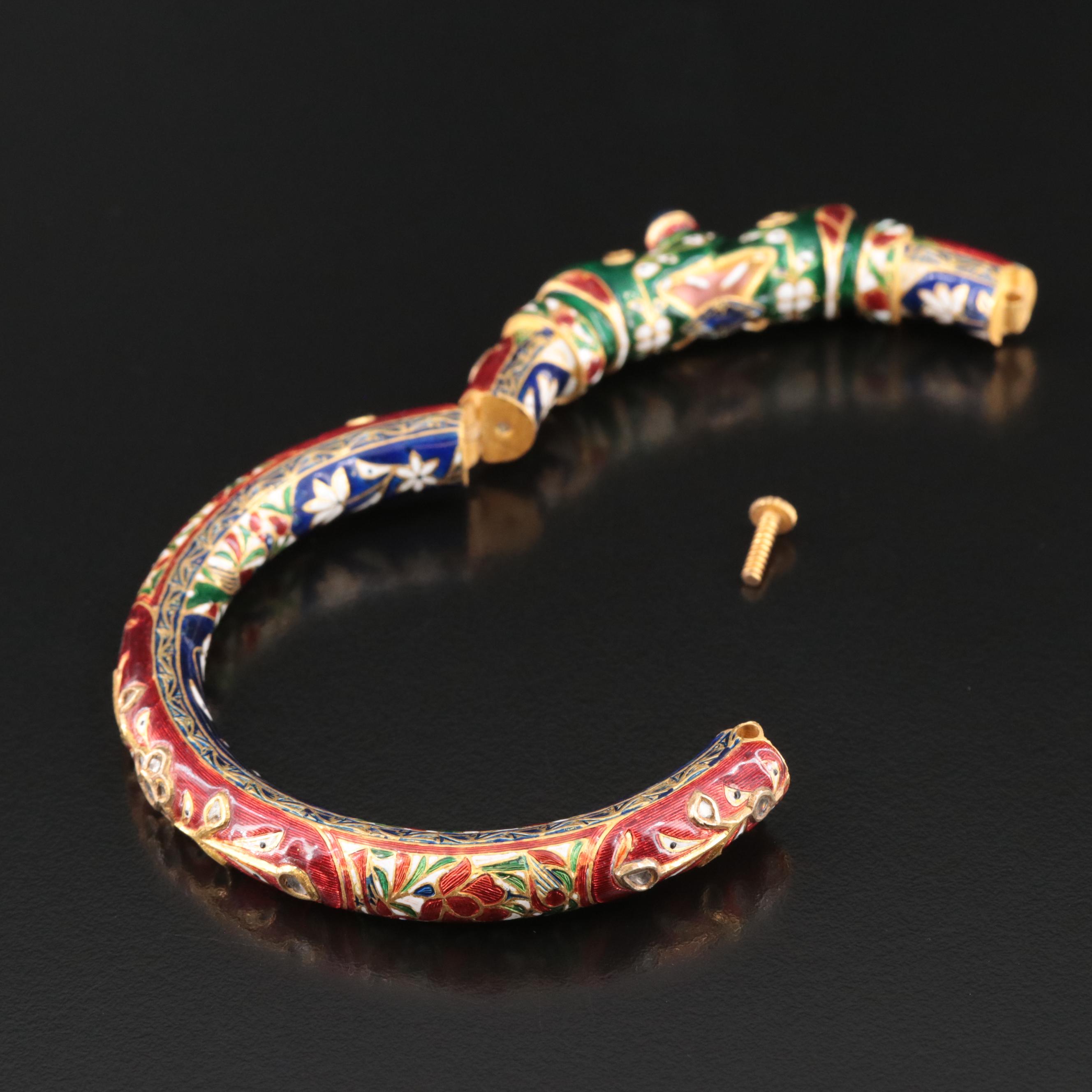 Indian Meenakari Enamel, Sapphire and Diamond Elephant Makara Bangle
