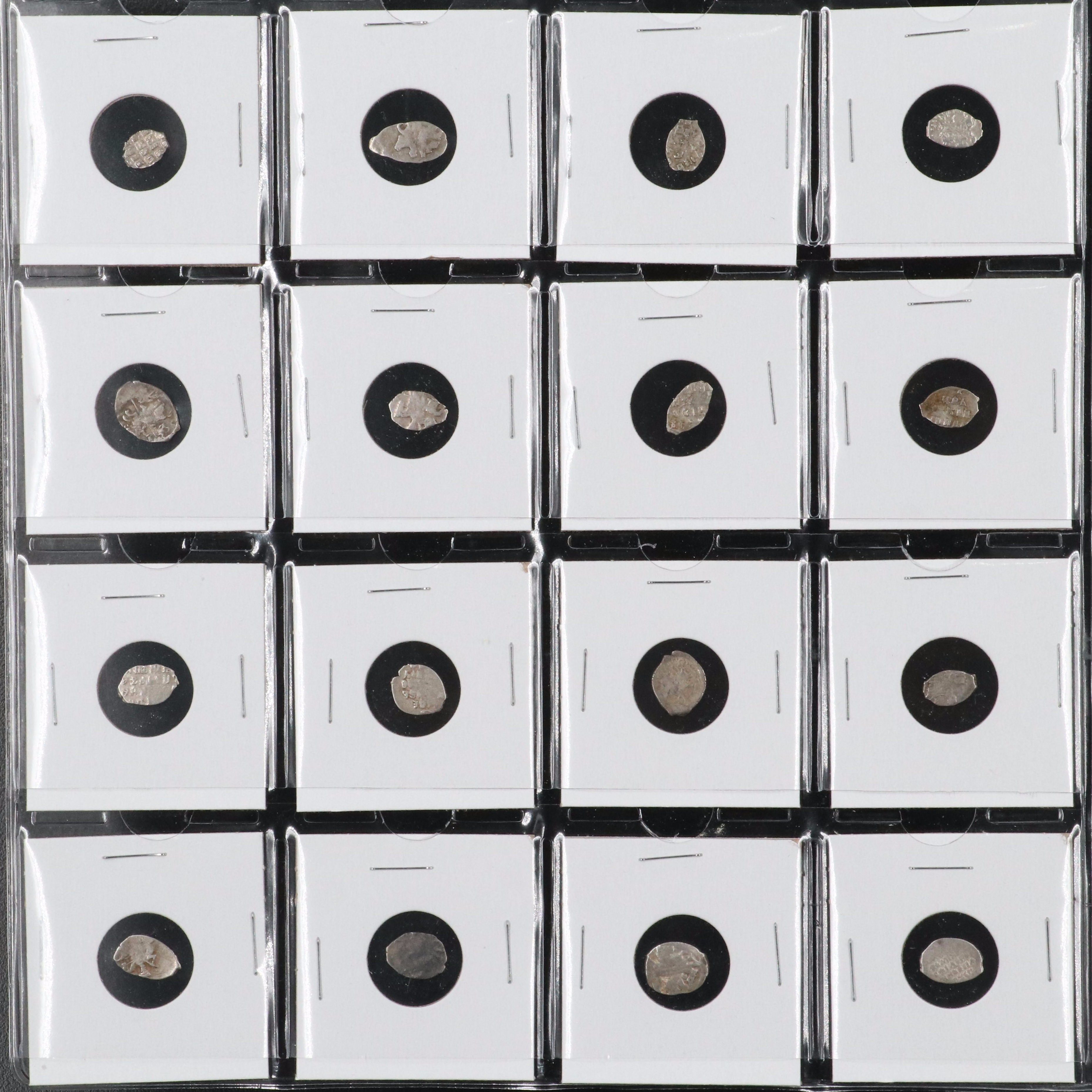 Sixteen Russian Silver "Wire Money" Coins, ca. 1500 to 1700