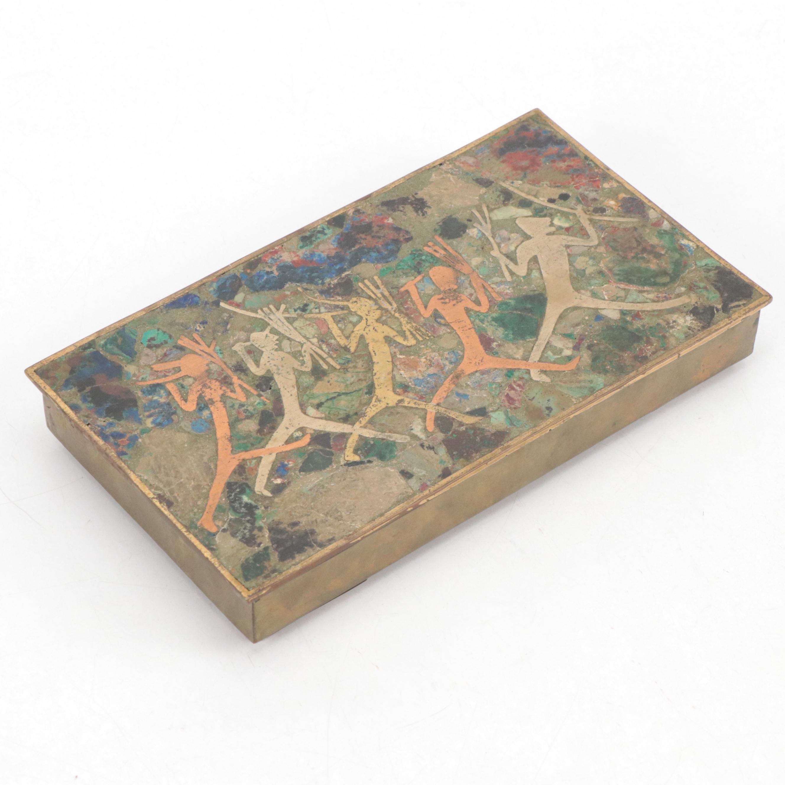 Hand-Crafted Brass, Copper and Azurmalachite Inlay Lidded Wooden Box