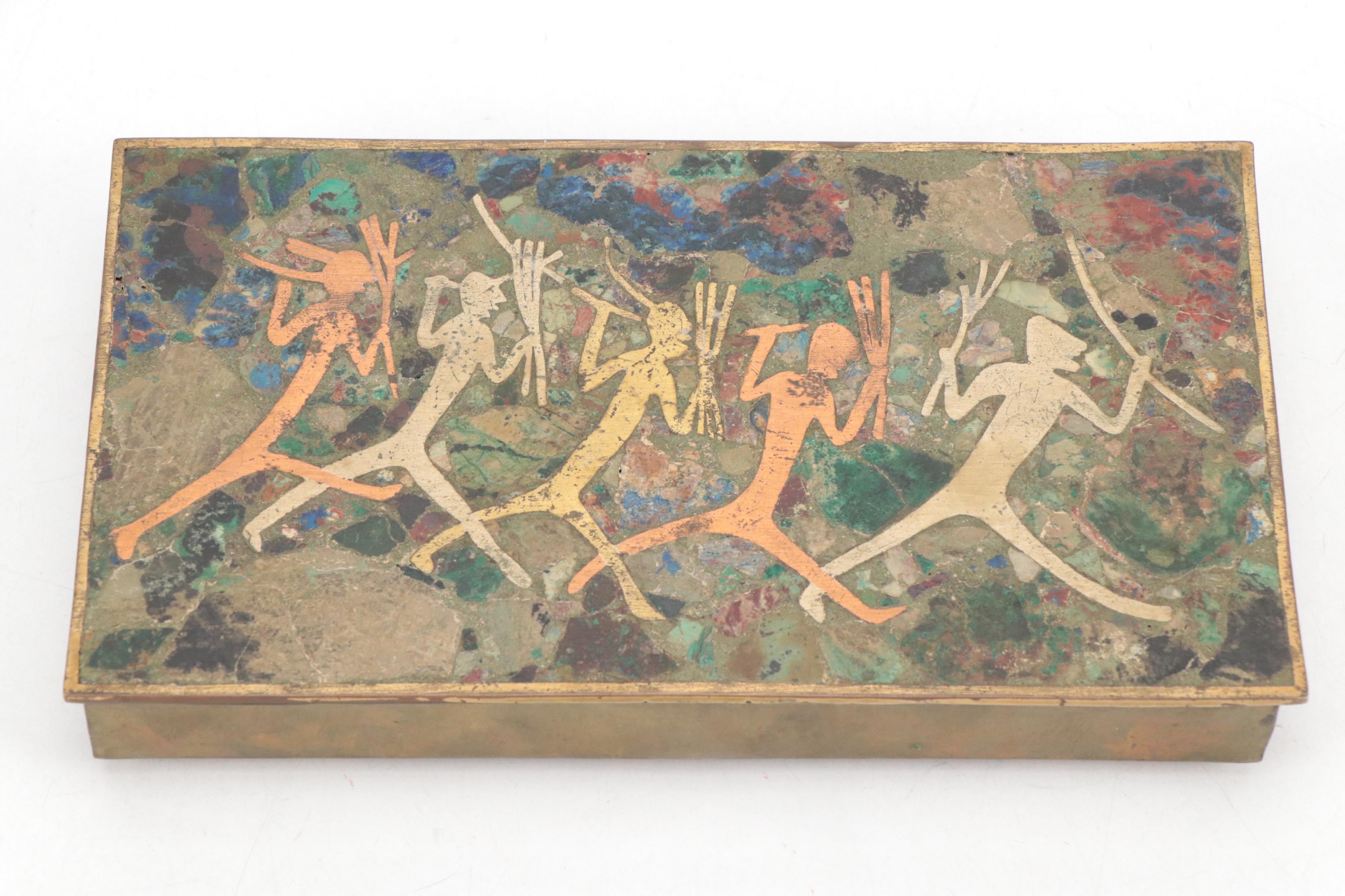 Hand-Crafted Brass, Copper and Azurmalachite Inlay Lidded Wooden Box