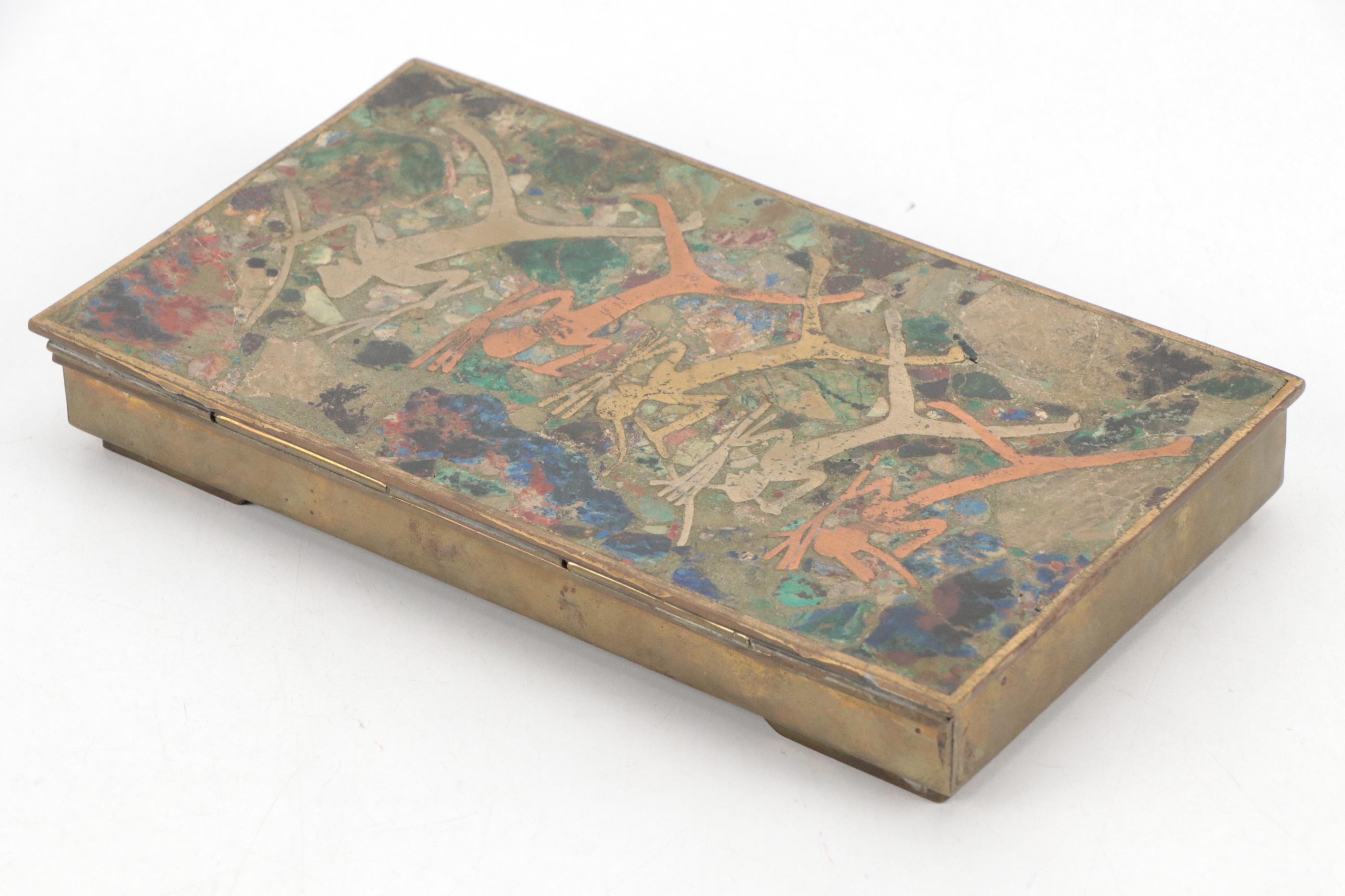 Hand-Crafted Brass, Copper and Azurmalachite Inlay Lidded Wooden Box