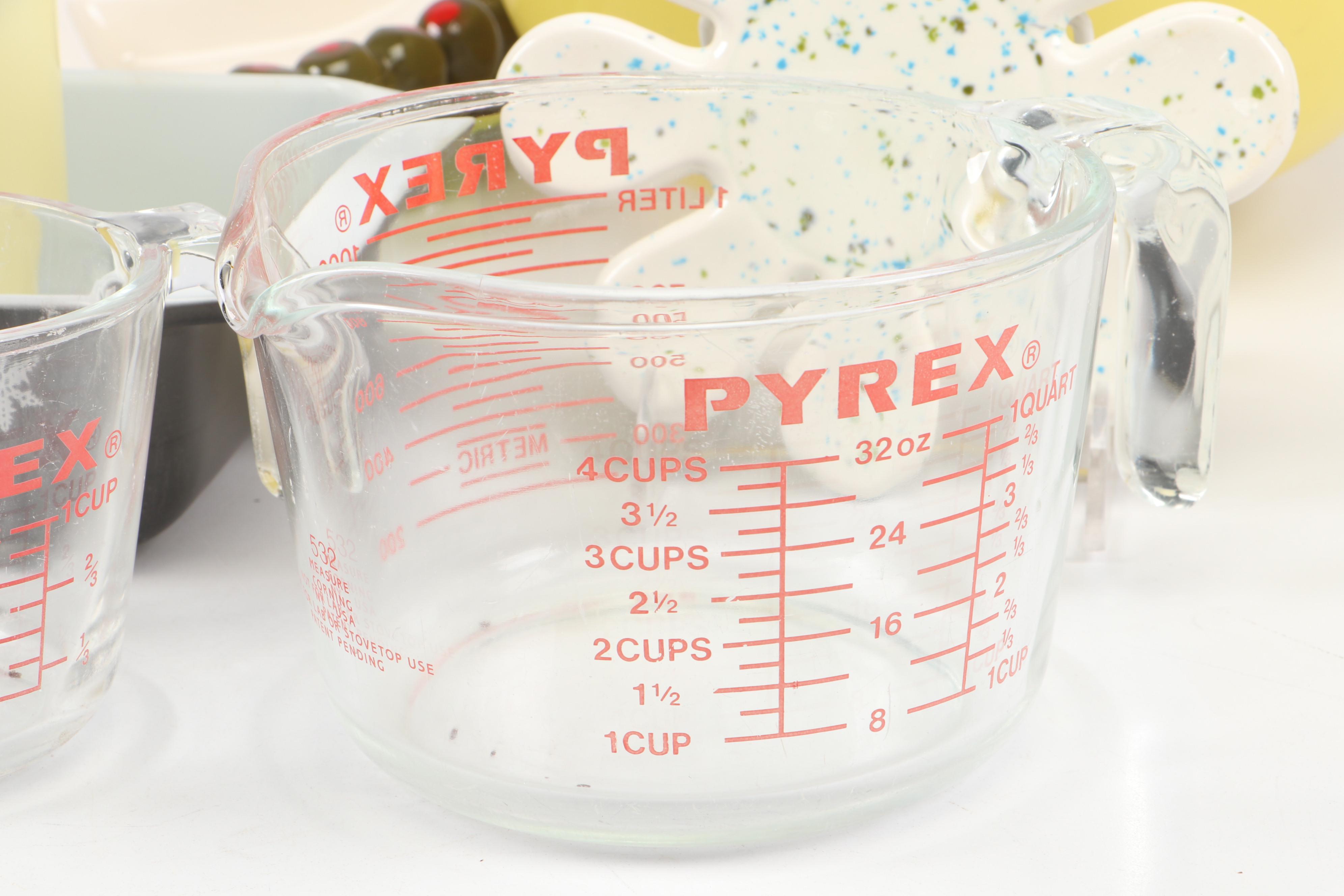 Pyrex Measuring Cups and Yellow Mixing Bowl with Shafford Olive Dish and More