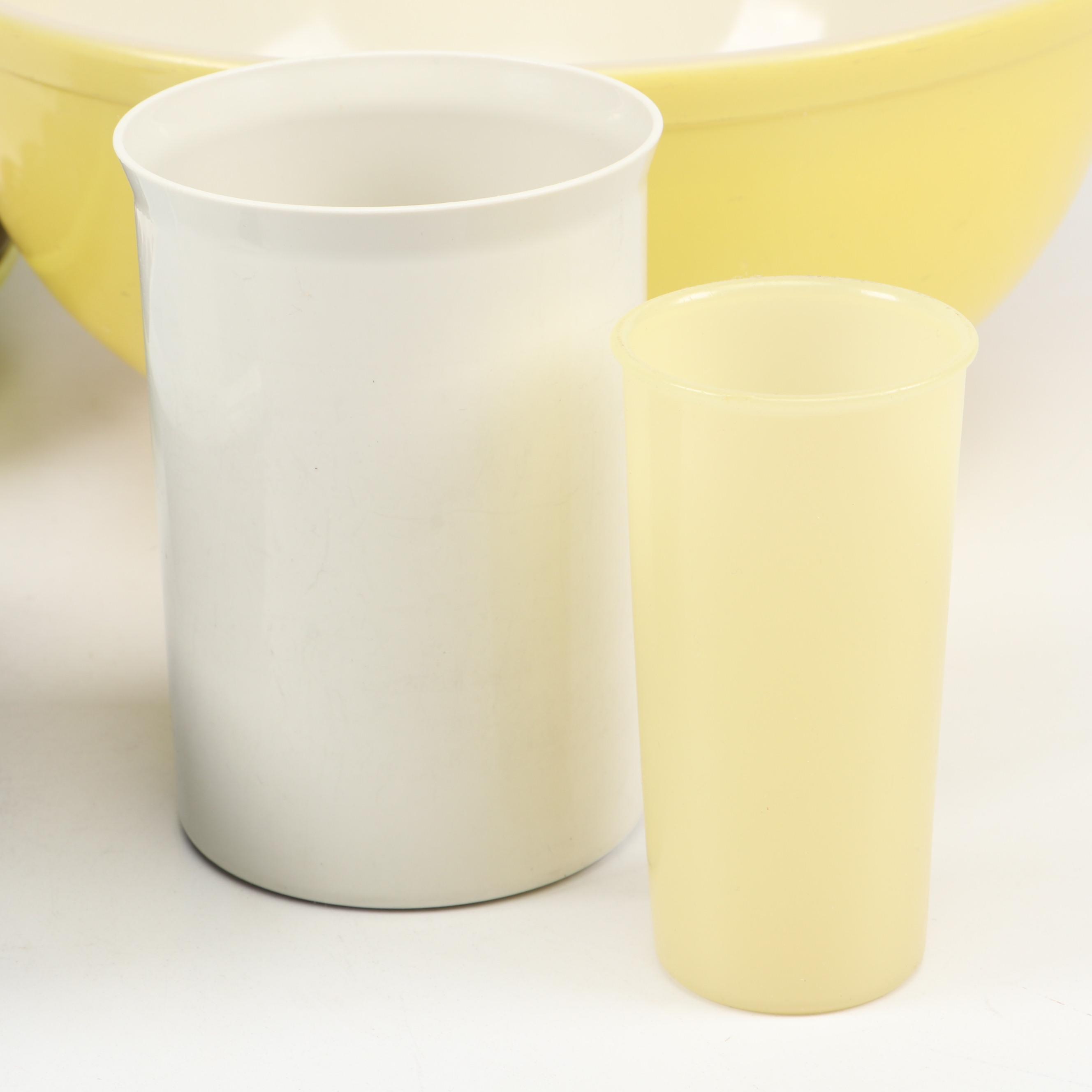 Pyrex Measuring Cups and Yellow Mixing Bowl with Shafford Olive Dish and More