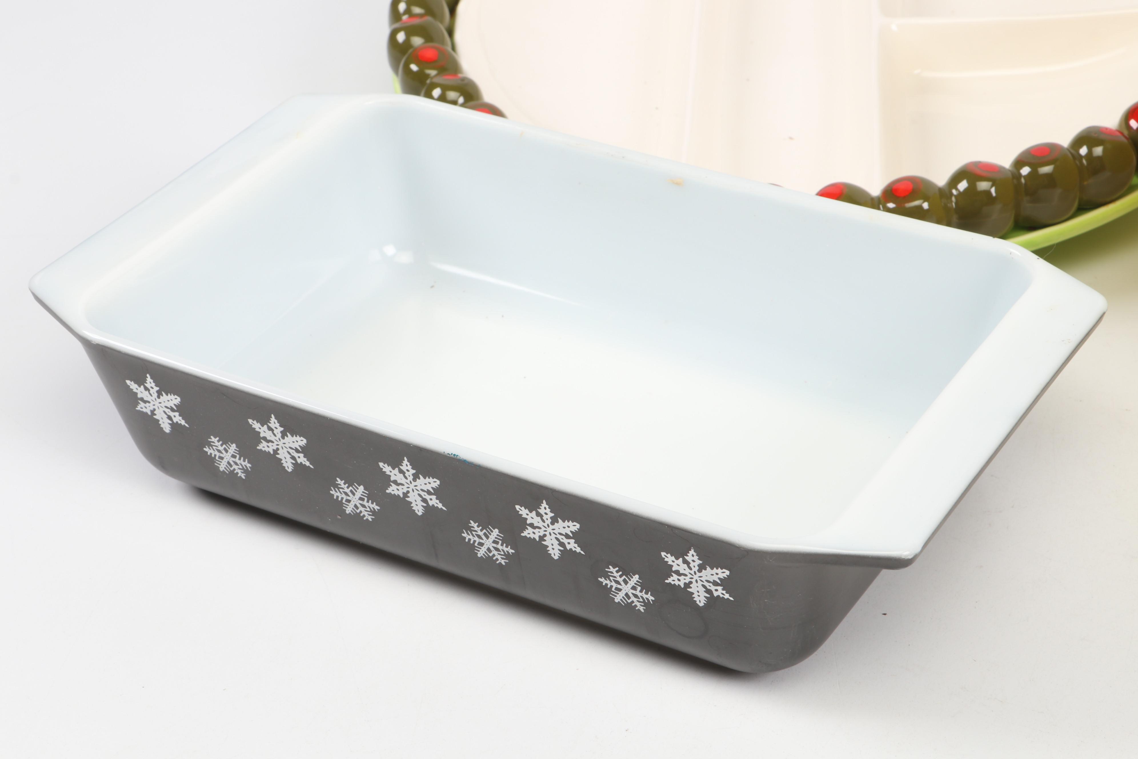 Pyrex Measuring Cups and Yellow Mixing Bowl with Shafford Olive Dish and More