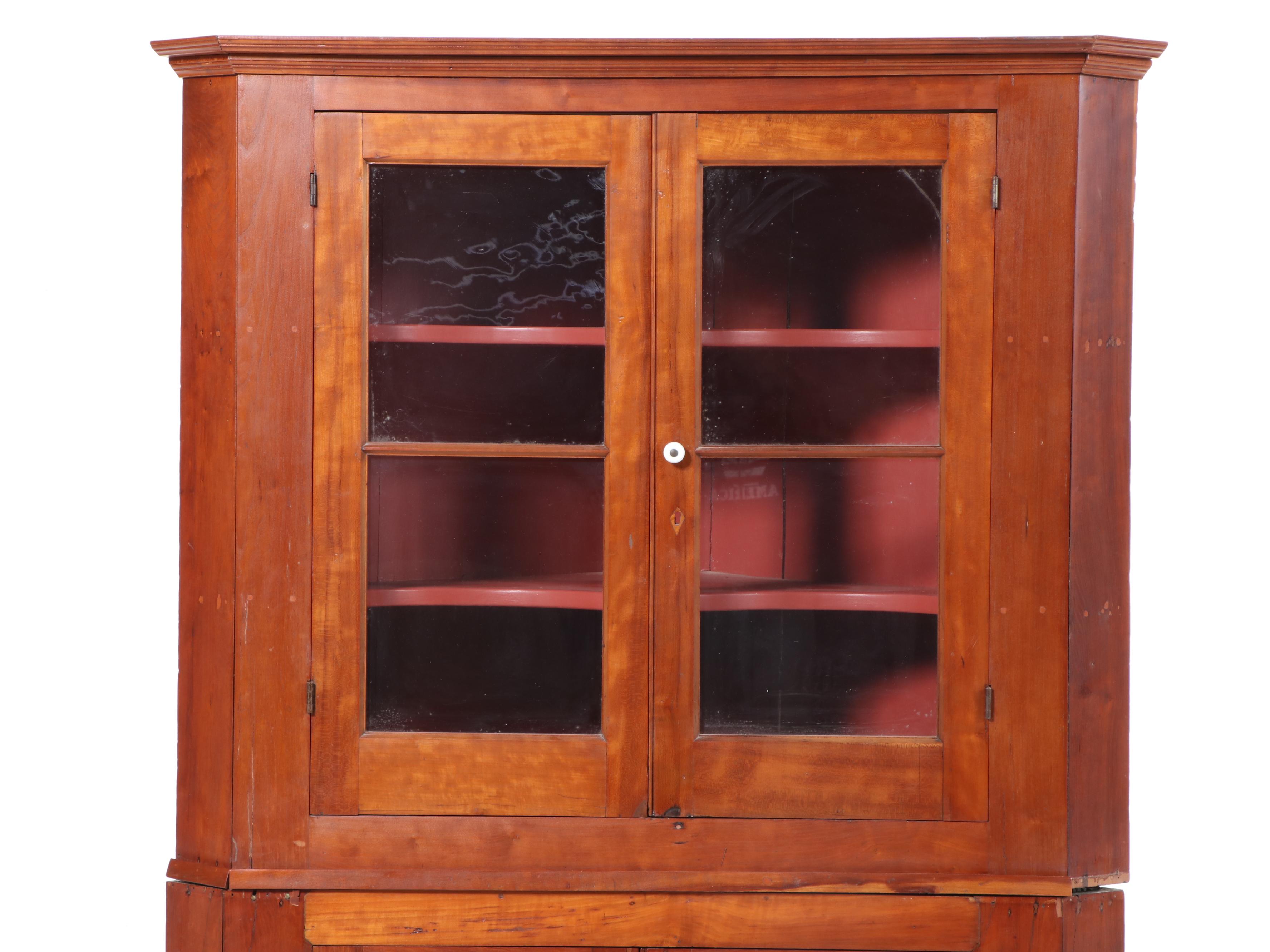 American Primitive Cherrywood and Glazed-Door Corner Cupboard, 19th Century