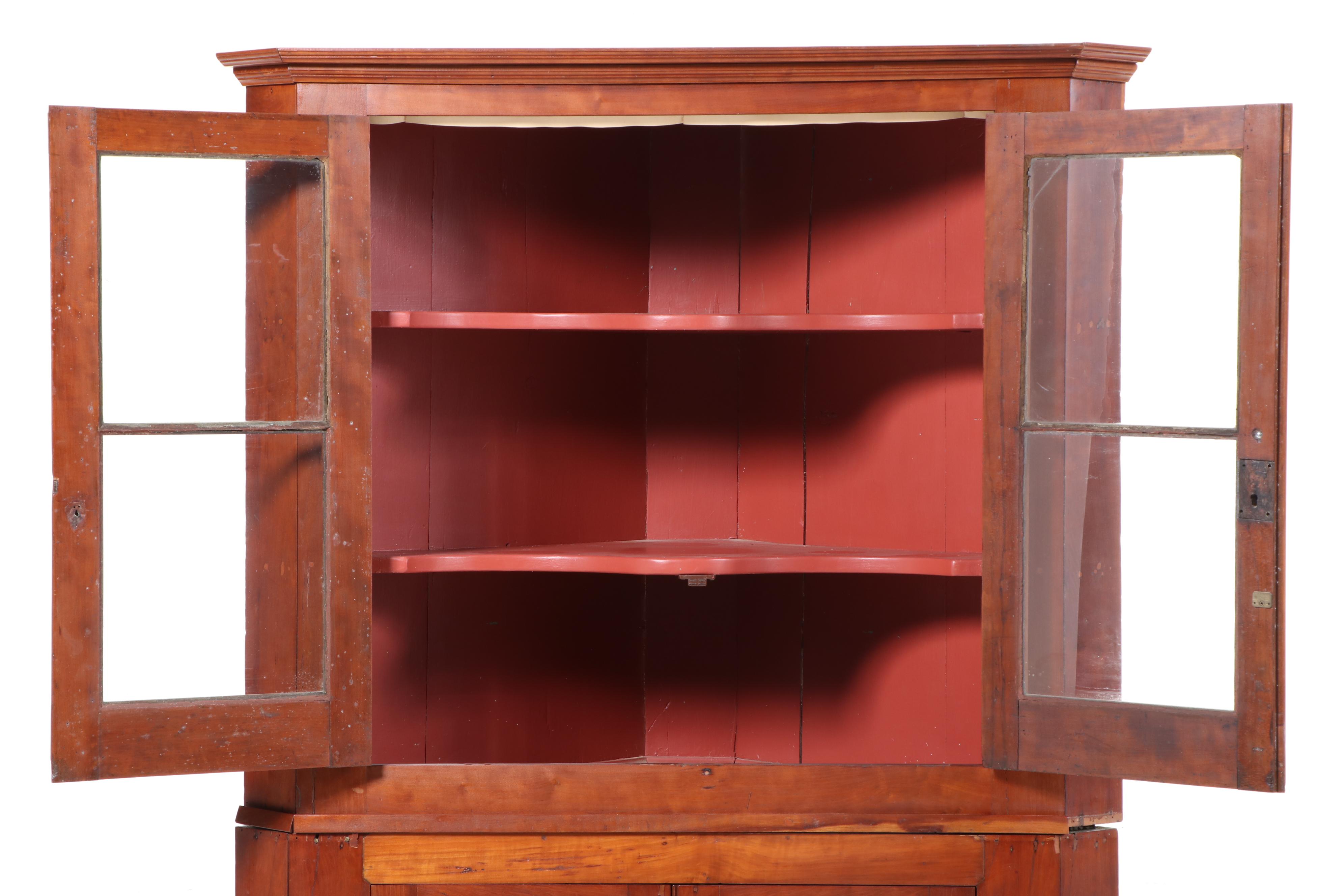 American Primitive Cherrywood and Glazed-Door Corner Cupboard, 19th Century