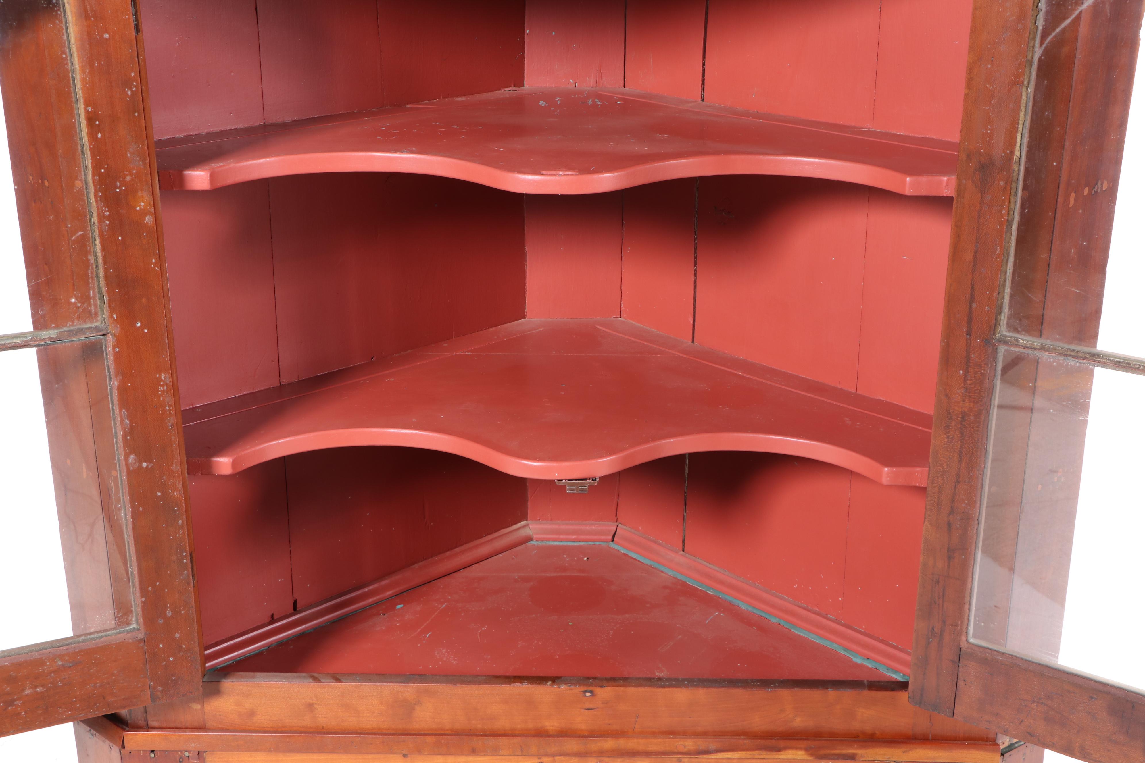 American Primitive Cherrywood and Glazed-Door Corner Cupboard, 19th Century