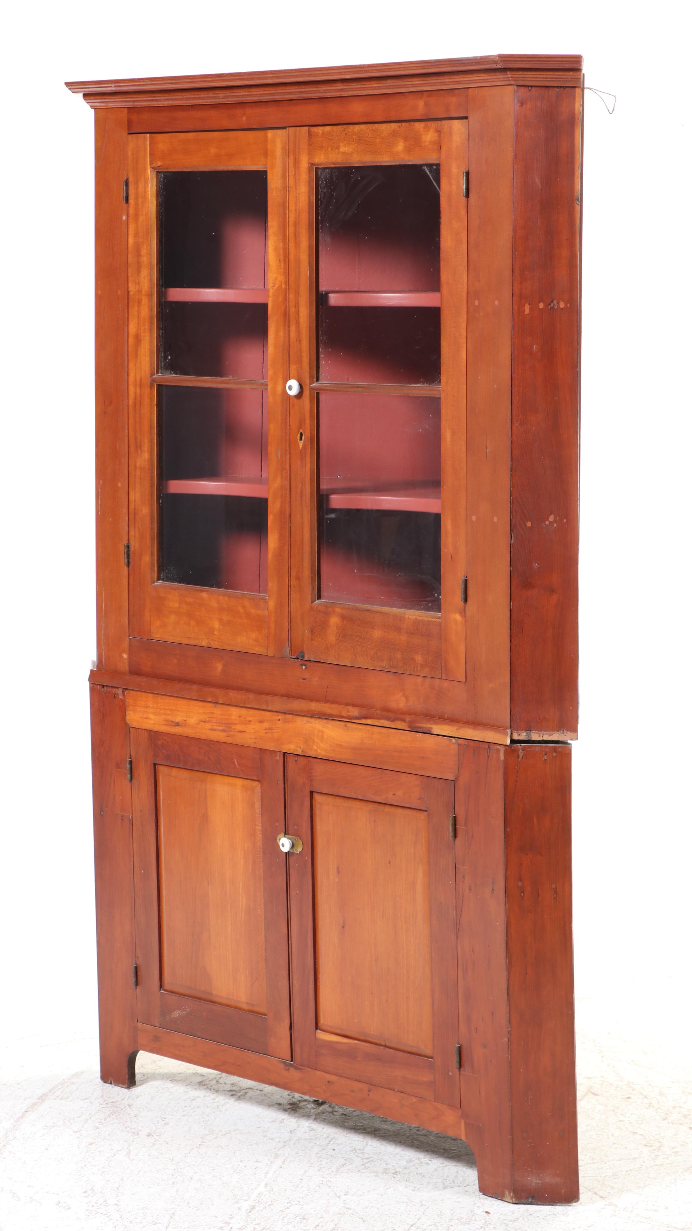 American Primitive Cherrywood and Glazed-Door Corner Cupboard, 19th Century