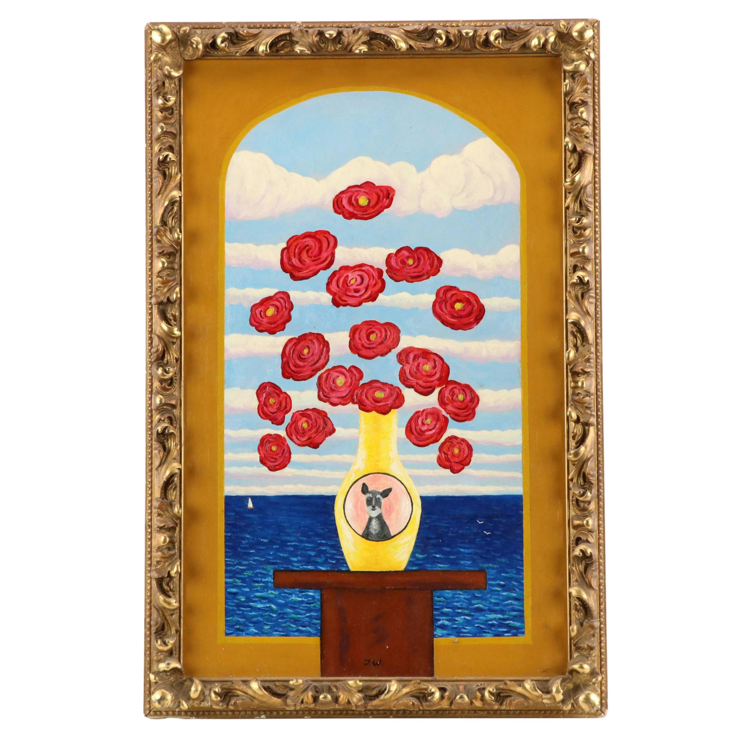 J. Thomas Watkins Surrealist Style Floral Still Life Oil Painting