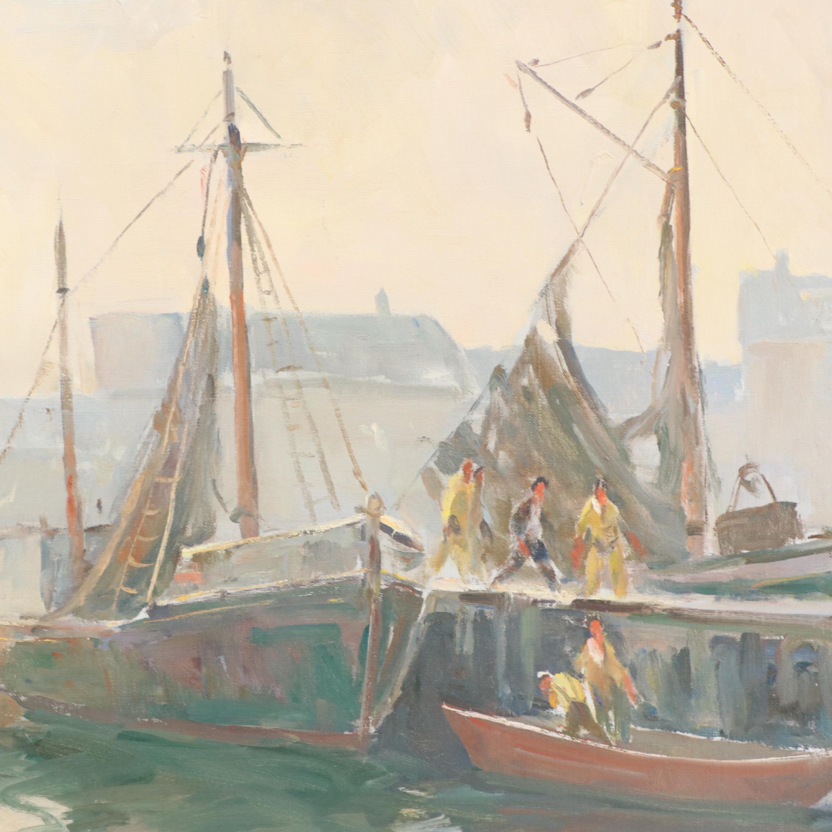 Claude Curry Bohm Maritime Oil Painting of Harbor Scene "The Silver Dawn"